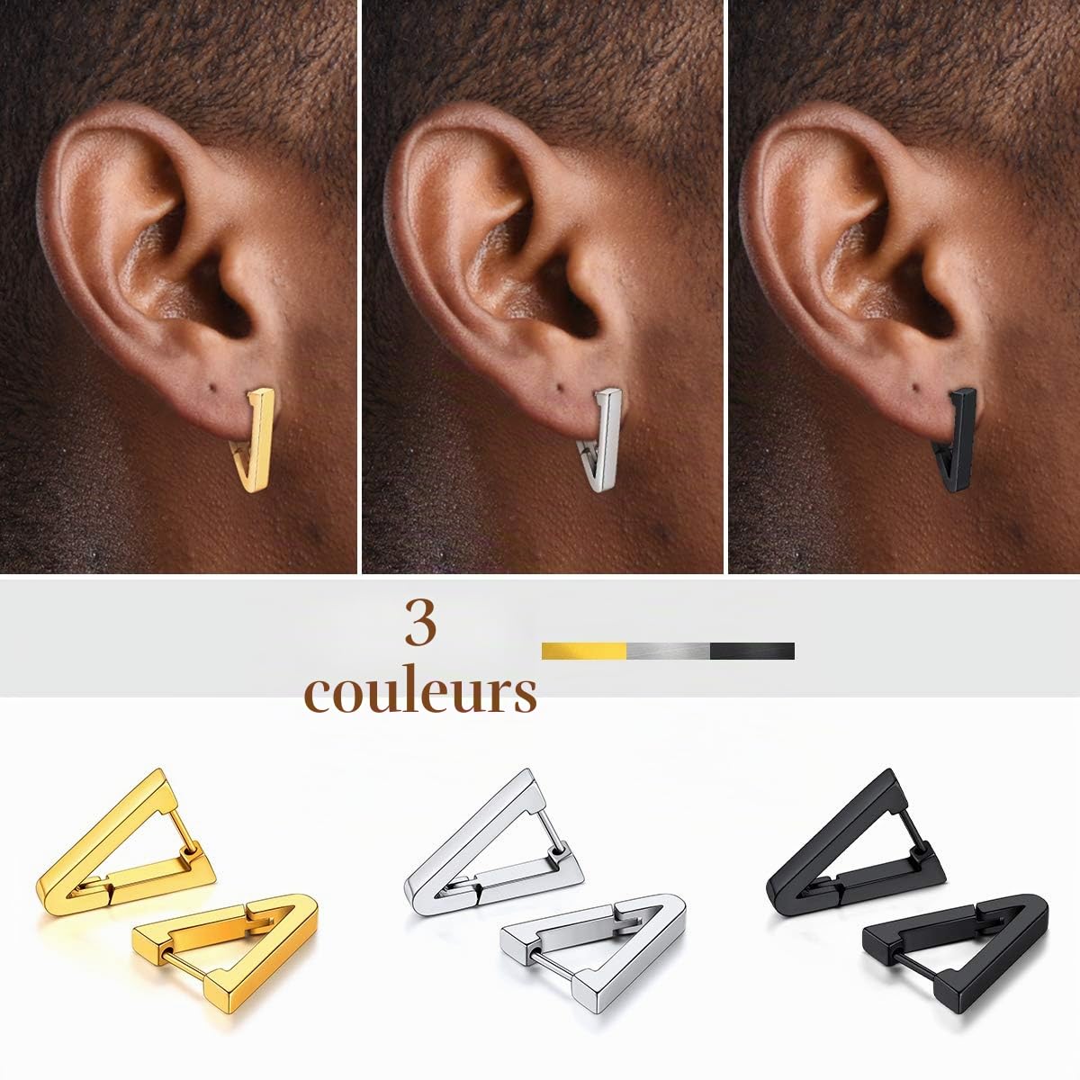 FOCALOOK Boucle d'Oreille Créole Homme Argent/Plaqué Or/Noir en Acier Inoxydable Petit Anneau Oreille Homme avec Boucle Bijou Cadeau avec Boîte
