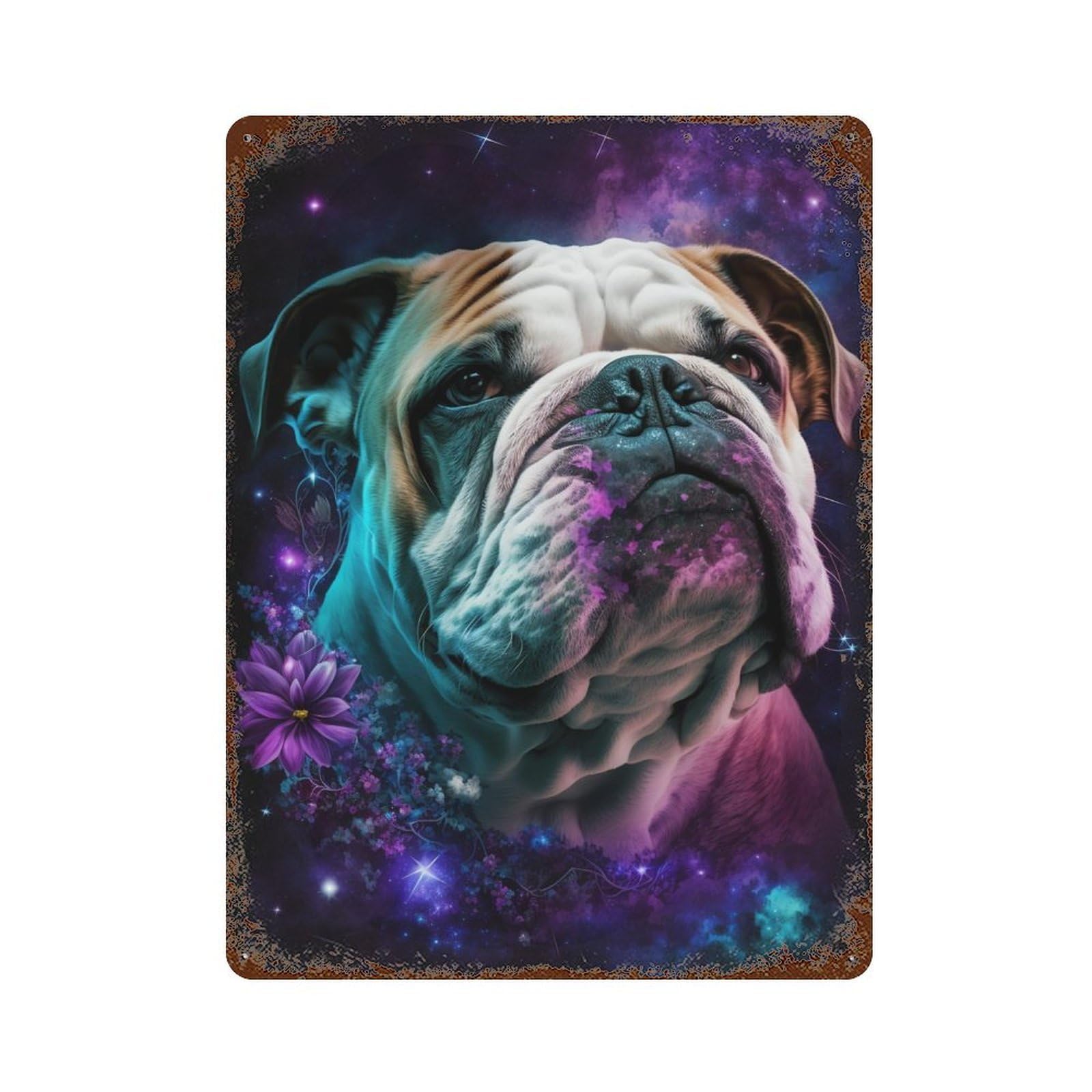 Rust Effect Space Bulldog with Flowers -3 Retro Metal Sign 15.7"x11.8", Novelty Wall Decor for Bistro, Counter And Cafe Decor