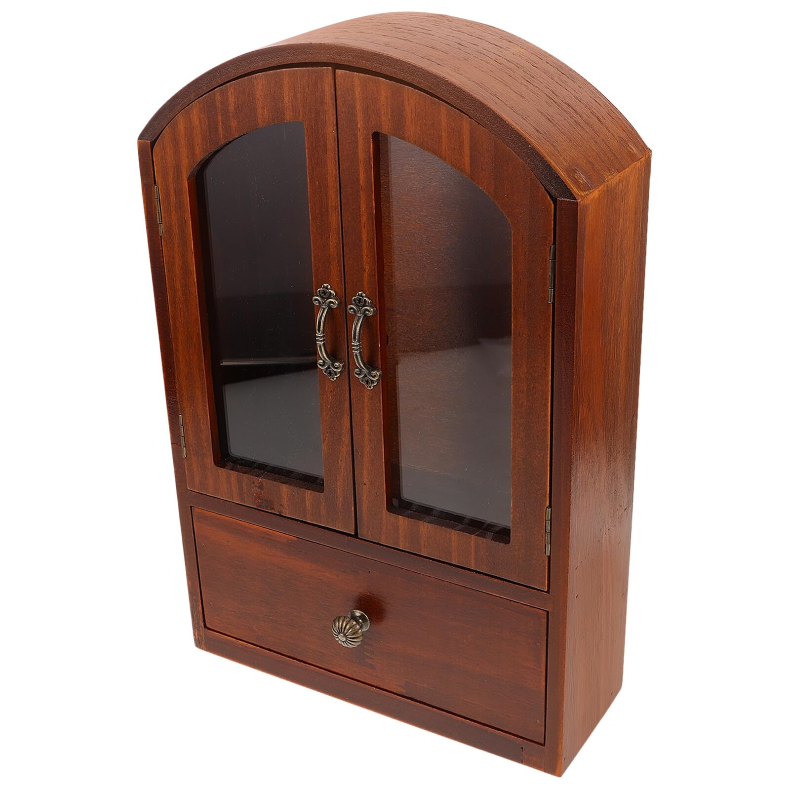 Drewniany pulpit w stylu vintage z eleganckimi szklanymi drzwiami – wielofunkcyjna szafka do przechowywania przyborów do makijażu i artykułów biurowych, solidna mała jednostka z szufladą dla szybkiego