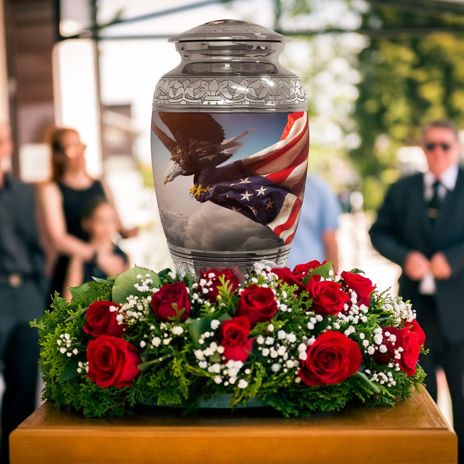 American Flag and Eagle Cremation Urn (4-Piece Set) for Human Ashes with Handcrafted Funnel and Vase
