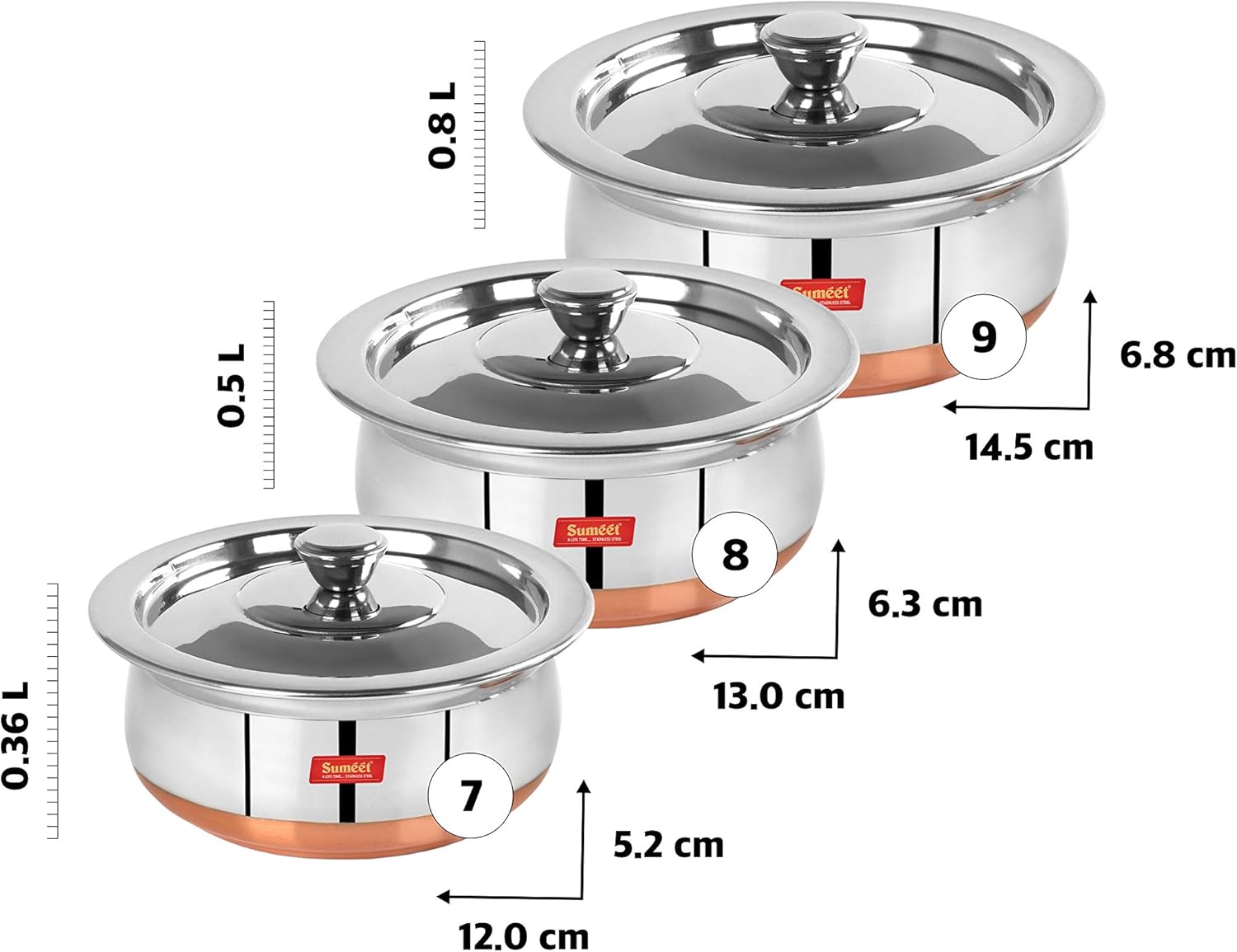 Sumeet Stainless Steel Copper Bottom 3 Pc Handi/Cookware/Serveware Pot Set with Lid 360ML, 500ML, 800ML, (Silver)