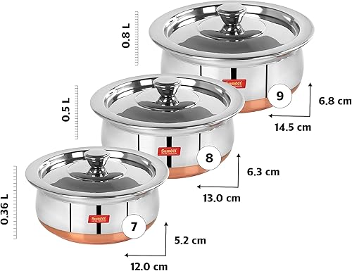 Miniatura 4 de Sumeet Juego de ollas de acero inoxidable con tapa de 12.2 fl oz, 16.9 fl oz, 27.1 fl oz, color plateado