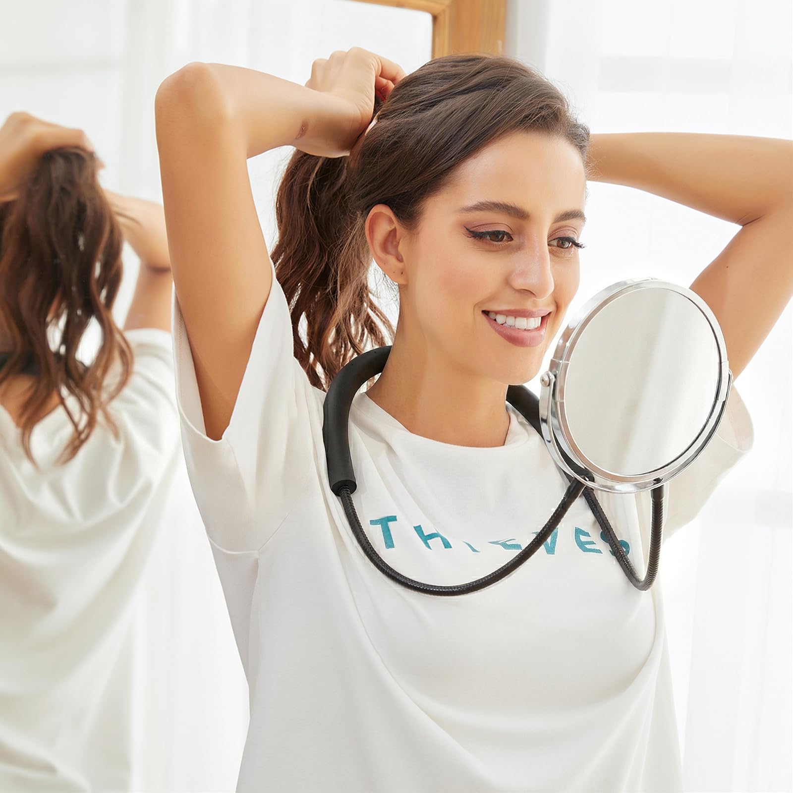 GRANDECO Espejo de Doble Cara, visualización estándar y Aumento de 5X, el Brazo del Espejo es Flexible Alrededor del Cuello