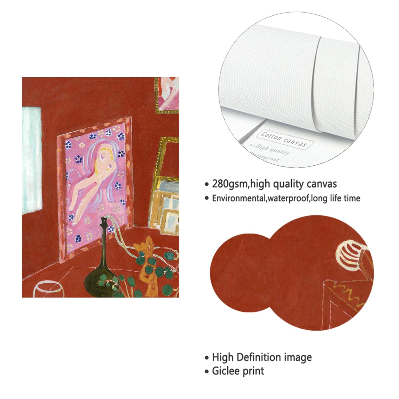 OUSHION ART The Red Studio, Henri Matisse Retro Fauvism Pintura al óleo Impresiones sobre lienzo Espacio estético abstracto Carteles para la decoración de la granja 70x91cm marco interno