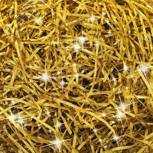 FRIUSATE Papel de seda triturado de 200 g, embalaje dorado, papel triturado, relleno de cesta de papel triturado, papel de relleno de regalo, trituraciones de papel para envolver regalos, embalaje de