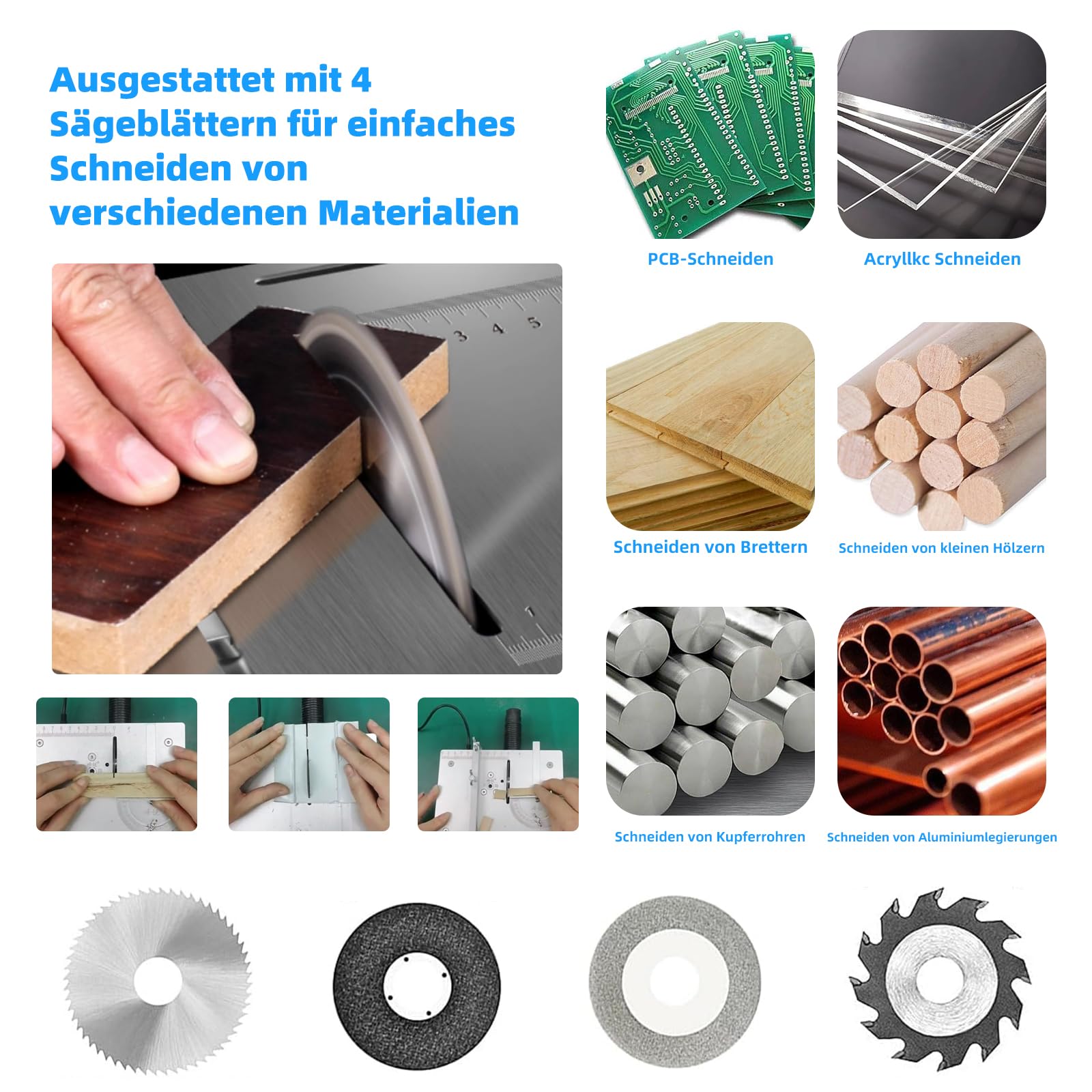 Sierra De 4 hojas, 7-Velocidades de Ajustable, Sierra De Mesa Portátil De Precisión 0.1-15mm Hoja De Sierra Ajustable en Altura, Mini Sierra de Mesa Para Proyectos De Bricolaje De Carpintería