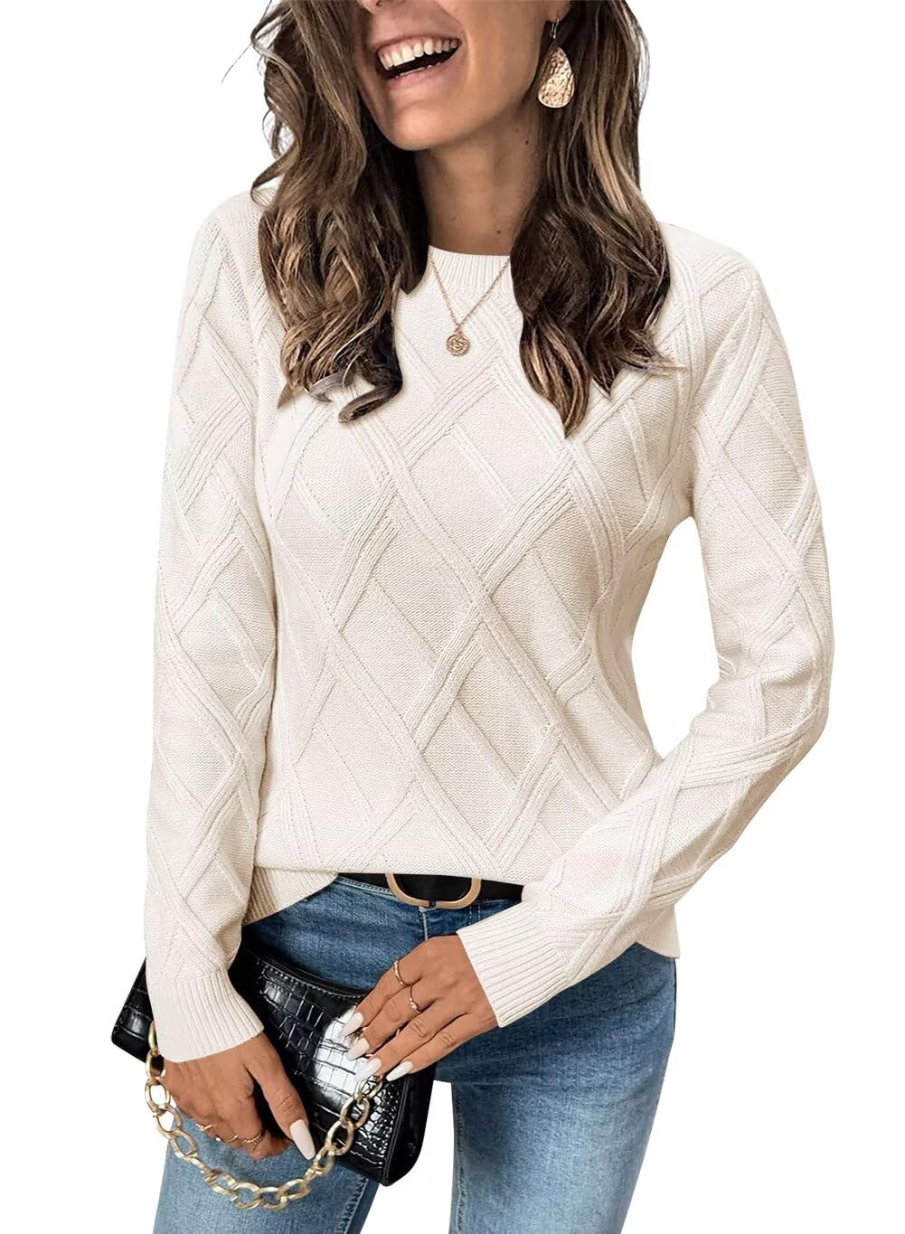 FEKOAFE Sweaters for Women Csaual Crewneck Cable Knit Sweater Pullover Long Sleeve Lightweight Fall Tops Outfits 2025