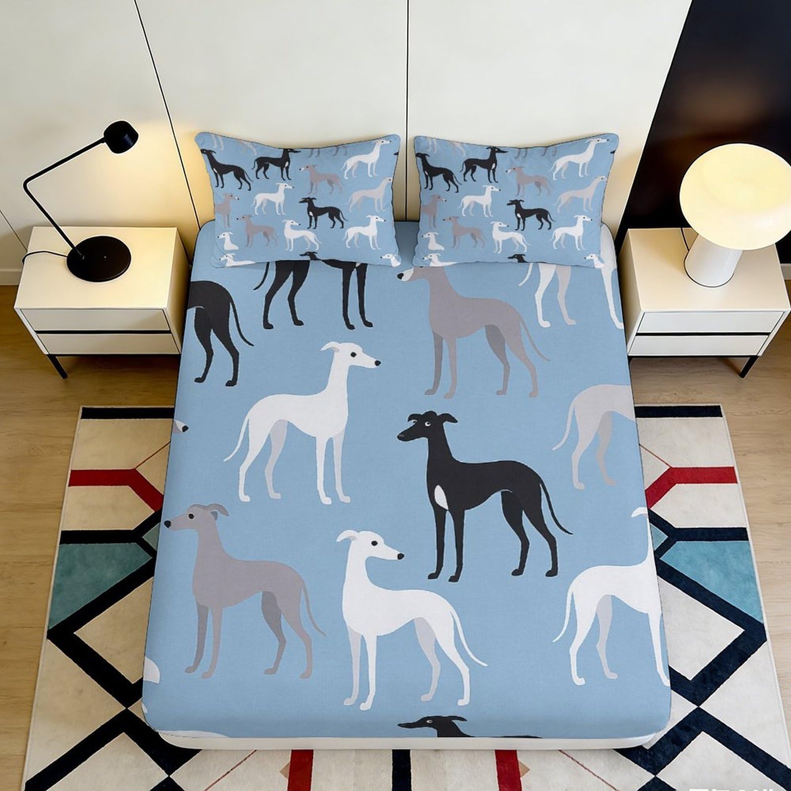 3D Printed Greyhound Dog Fitted Sheet Microfiber Soft Blue Animal Mattress Cover for Bedroom Decor Protection 90x200x25cm
