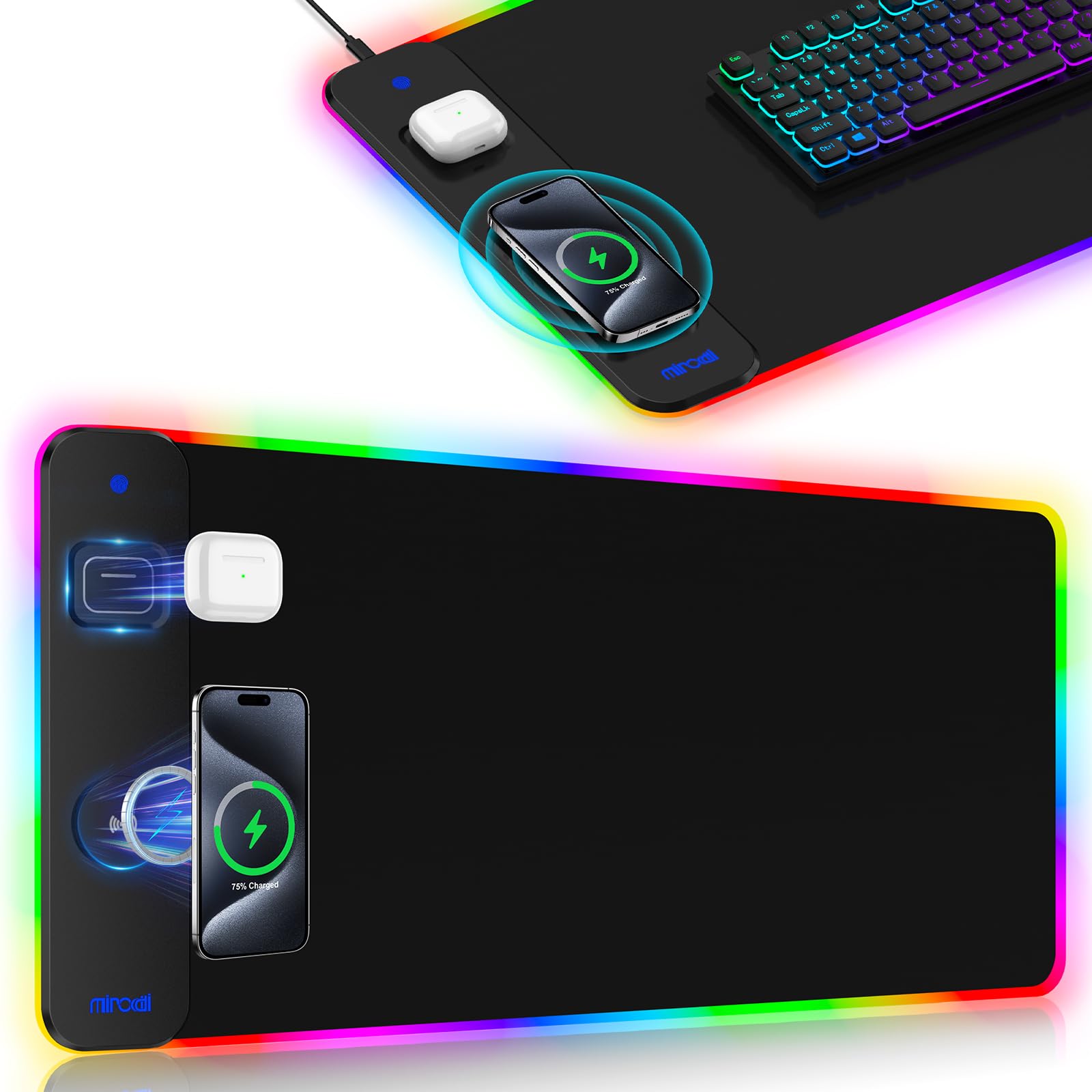 Magnetic Charging Mouse Pad 31.5x15.75, 15W Fast Wireless Charging Desk Mat, XXL Desk Pad RGB Gaming Mousepad, Home Office Large Keyboard Pad with Ultra-Smooth Surface, Non-Slip Base