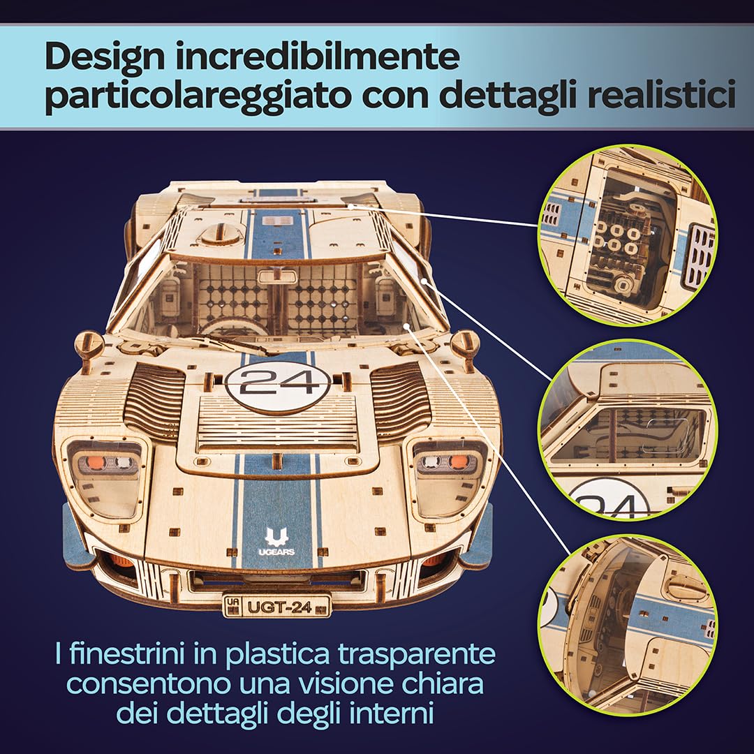 UGEARS UGT-24 Auto da Corsa di Endurance Puzzle 3D - Kit di Modelli Meccanici in Legno in Scala 1:12 da Costruire per Adulti - Kit di Costruzione Modello di Auto Sportiva - 970 Pezzi