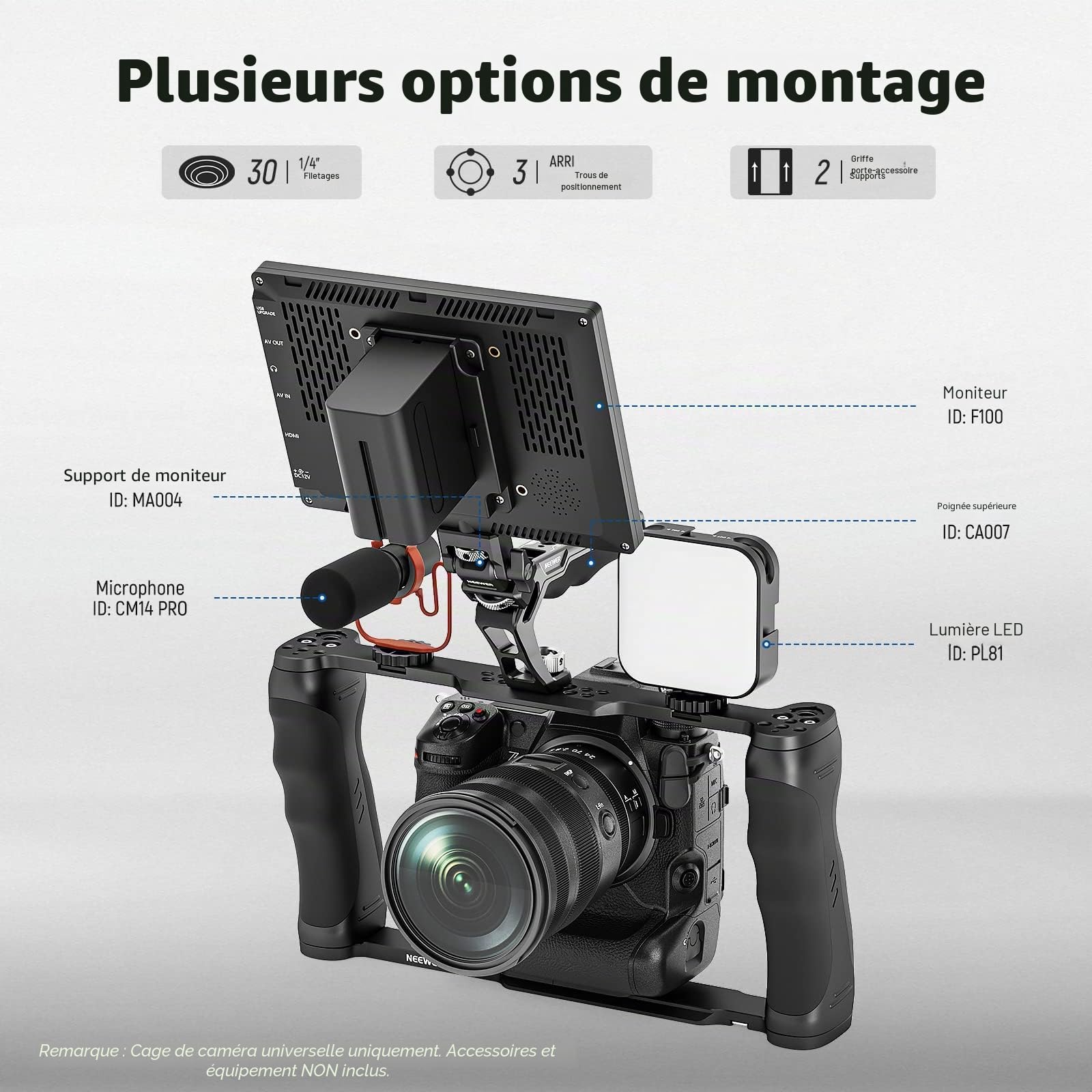 NEEWER Cage pour caméra vidéo avec Base Arca, Double poignées, Support Arri 3/8" et Filetage 1/4", stabilisateur Universel Compatible avec Les Barres de Base SmallRig NEEWER de 15 mm, CA016