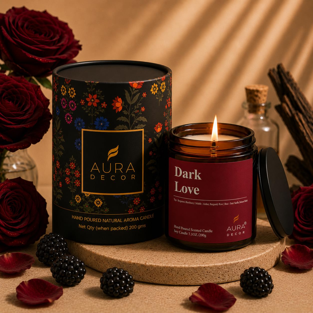 AuraDecor Scented Jar Candle | Handpoured Soy Wax Candle with Long Lasting Burn Time | Premium Amber Jar Aromatherapy Candle | Ideal Gift for Home & Décor (Extra Large, Dark Love)-image-33
