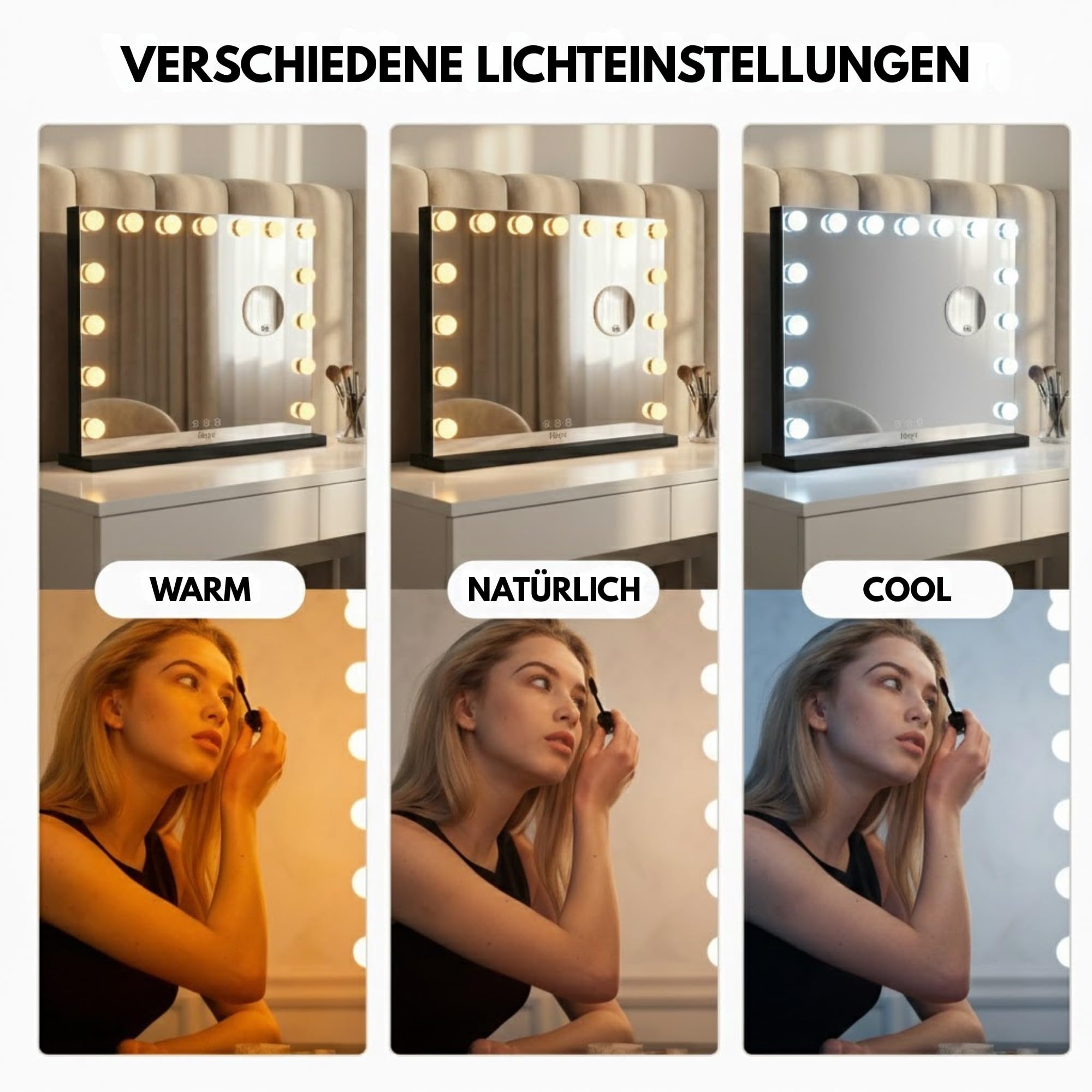 Bayt Schminkspiegel mit Beleuchtung 58x46 cm – Hollywood Kosmetikspiegel Schwarz | Tischspiegel Dimmbar mit 18 LED Lampen, 3 Lichtmodi & 10-Fach Vergrößerungsspiegel | Standspiegel für Schminktisch