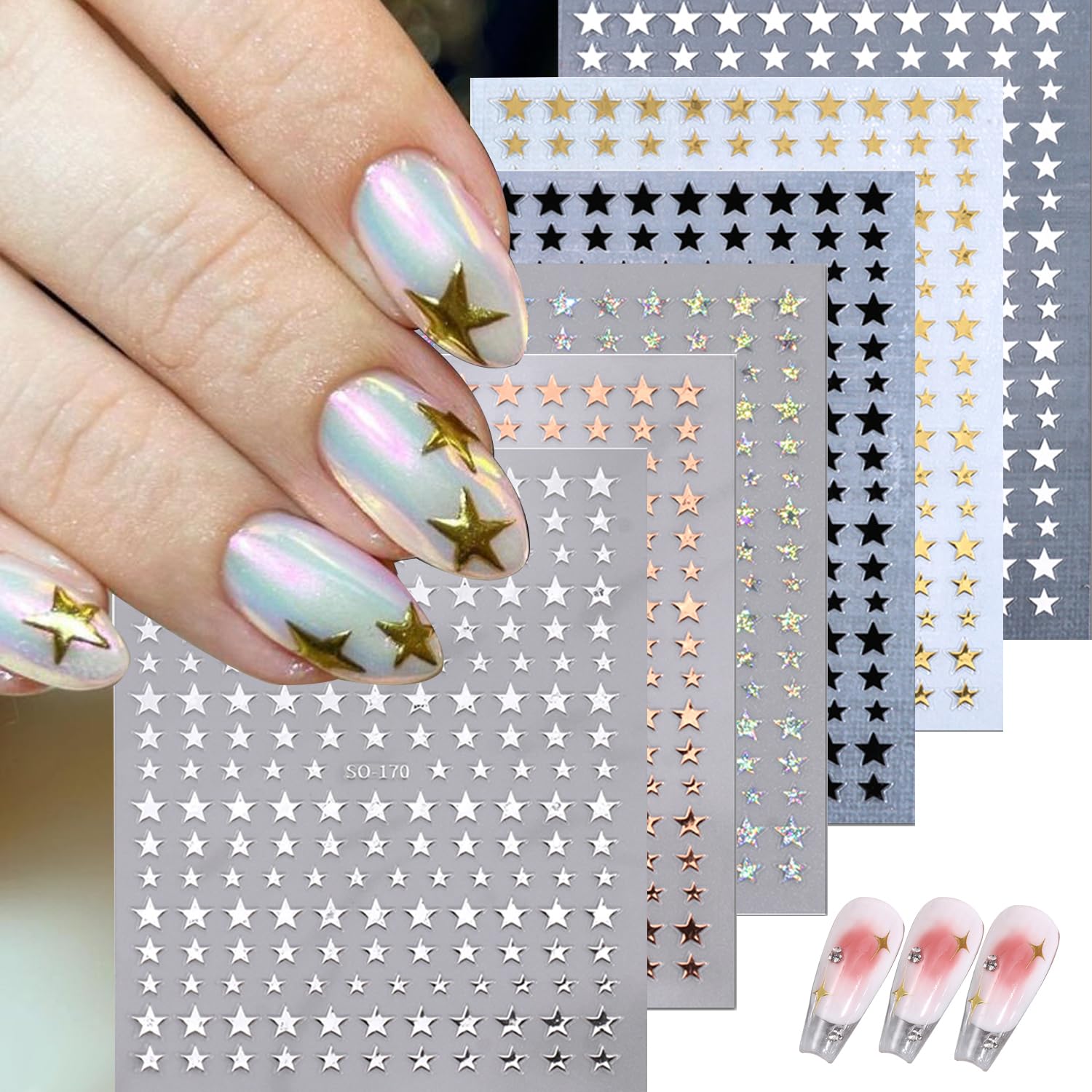 6 Sheets Glitter Star Nail Stickers Nail Art 3D Self-Adhesive Black White Gold Silver Nail Art Stickers Starlight Nail Decals Pentagram Nail Design Star Stickers for Women DIY Acrylic Nail Tips Decor