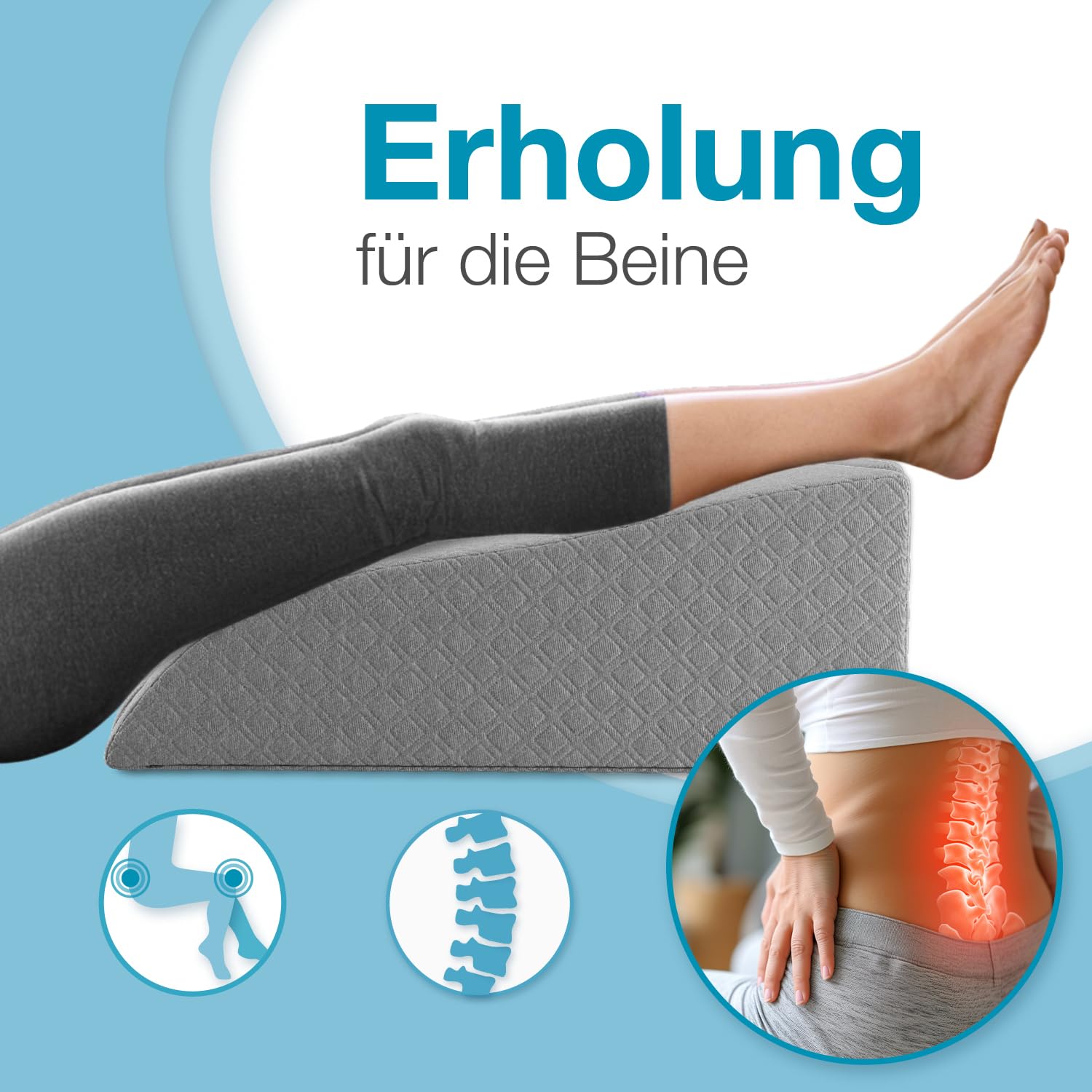 ELONEO Venenkissen Beinhochlagerungskissen aus Memory Foam, Beinkissen zur Entlastung, Lagerungskissen mit abnehmbaren Bezug, 62x40x24 cm, grau