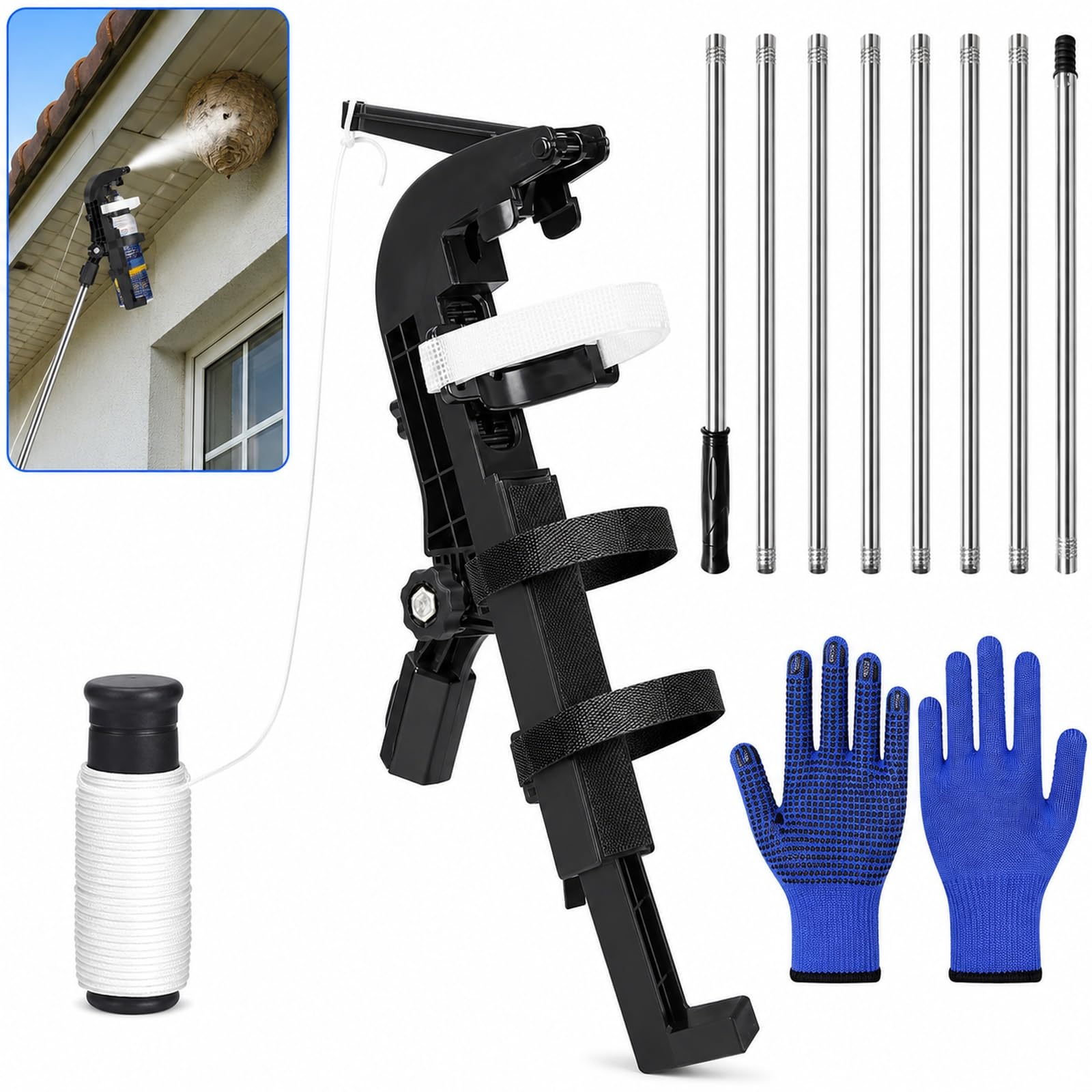 Sprühdosen-Verlängerung 3,2 m Teleskopstange – Einstellbare Spraydosen-Verlängerung mit Sprühdosenhalter für Wespenspray & Wespenschaum, Über-Kopf-Sprühen ohne Leiter, inkl. Handschuhe