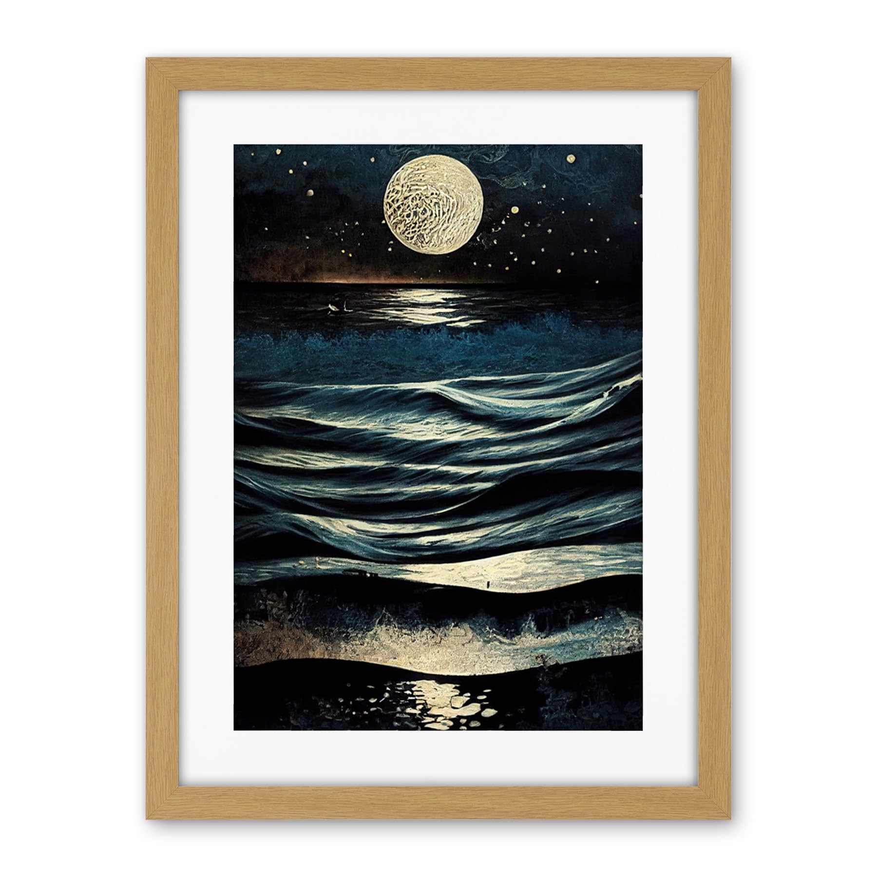 Artery8 Full Moon Rising Over Clear Night Sky Tidal Waves Artwork Framed Wall Art Print 18X24 Inch