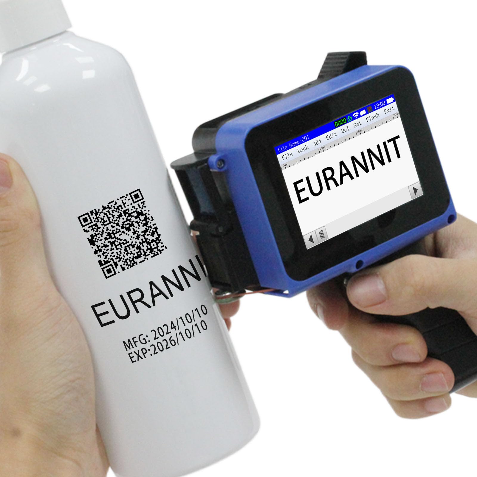 Eurannit E12 Mini Handheld Inkjet Printer - 0.5 Inch Adjustable Print Height with Quick-Dry Ink for Text, Barcode, QR Code, Date on Cardboard, Metal,