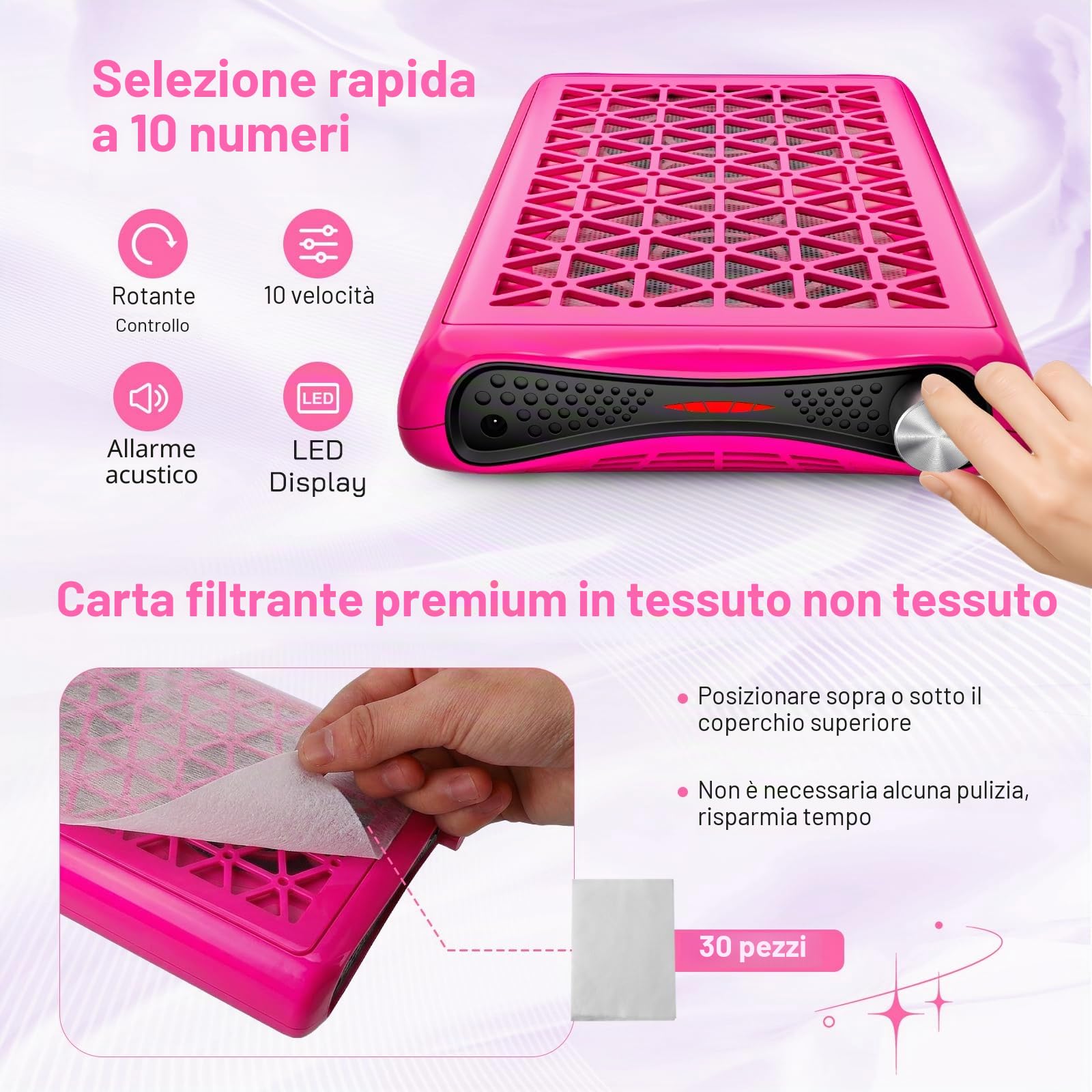 Aspirador de polvo de uñas con 30 papeles de filtro, ventilador turbo dual con potencia de succión de 1600 Pa, 6000 rpm de potencia de succión ajustable para manicura, salón de uñas