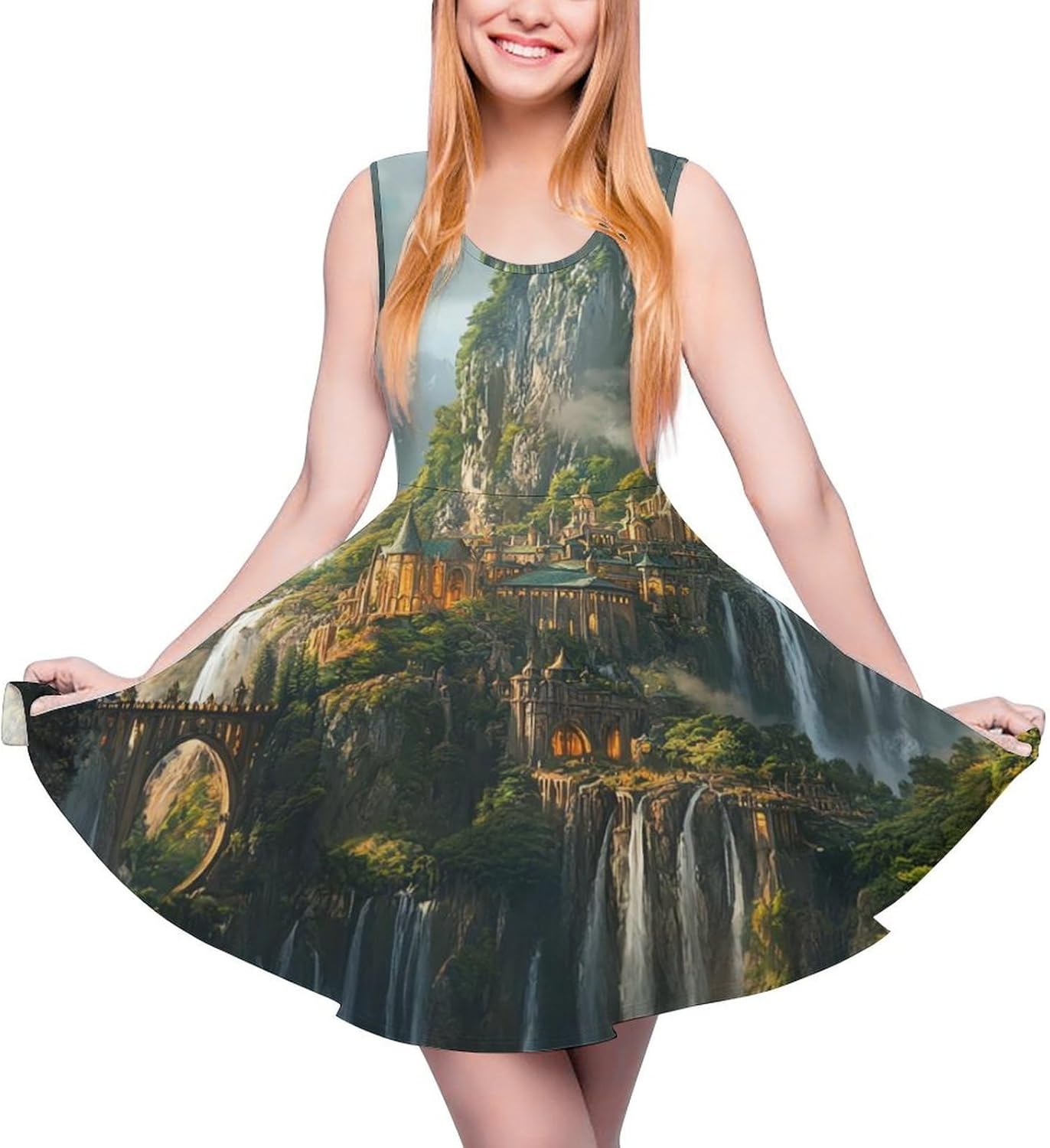 Landscape Castle Women's Dresses Round Neck Dress Sleeveless Tank Dress Ruffle Hem Sundress