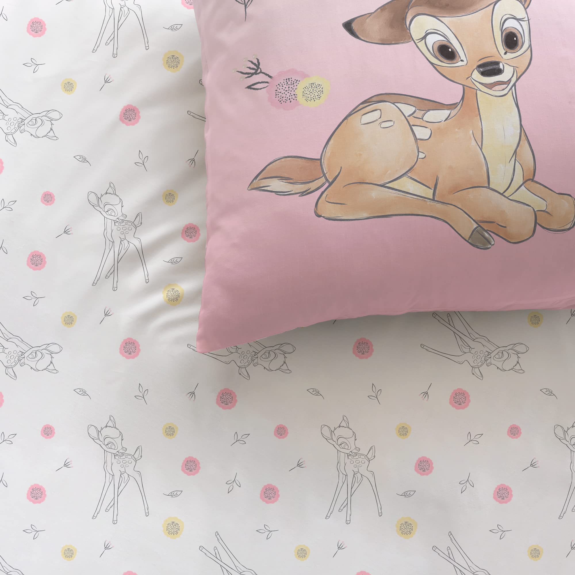 Disney Bambi Flowers - Juego de cama infantil para 1 persona, 100% algodón, Oeko-TEX | Funda nórdica de 140 x 200 cm + 1 funda de almohada de 63 x 63 cm, estampado reversible para niña, color rosa