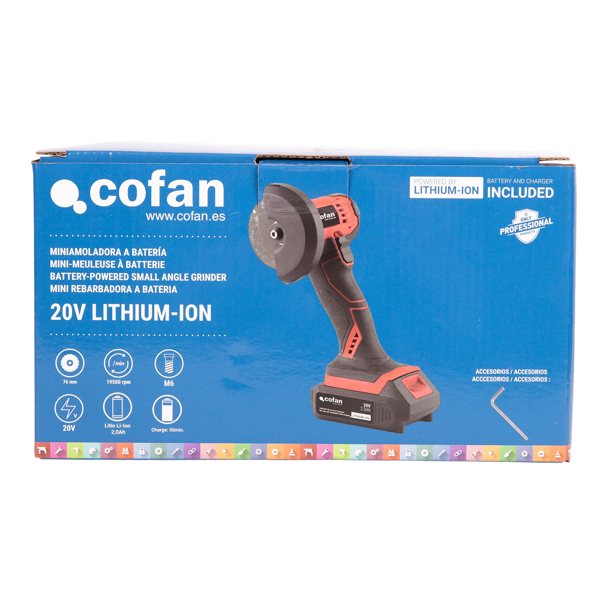 Cofan Mini amoladora a batería | Potencia: 20 V | Adecuada para discos de 76 mm | 19.500 rpm | Empuñadura de 3 posiciones | Compacta y ligera | Batería y cargador incluidos