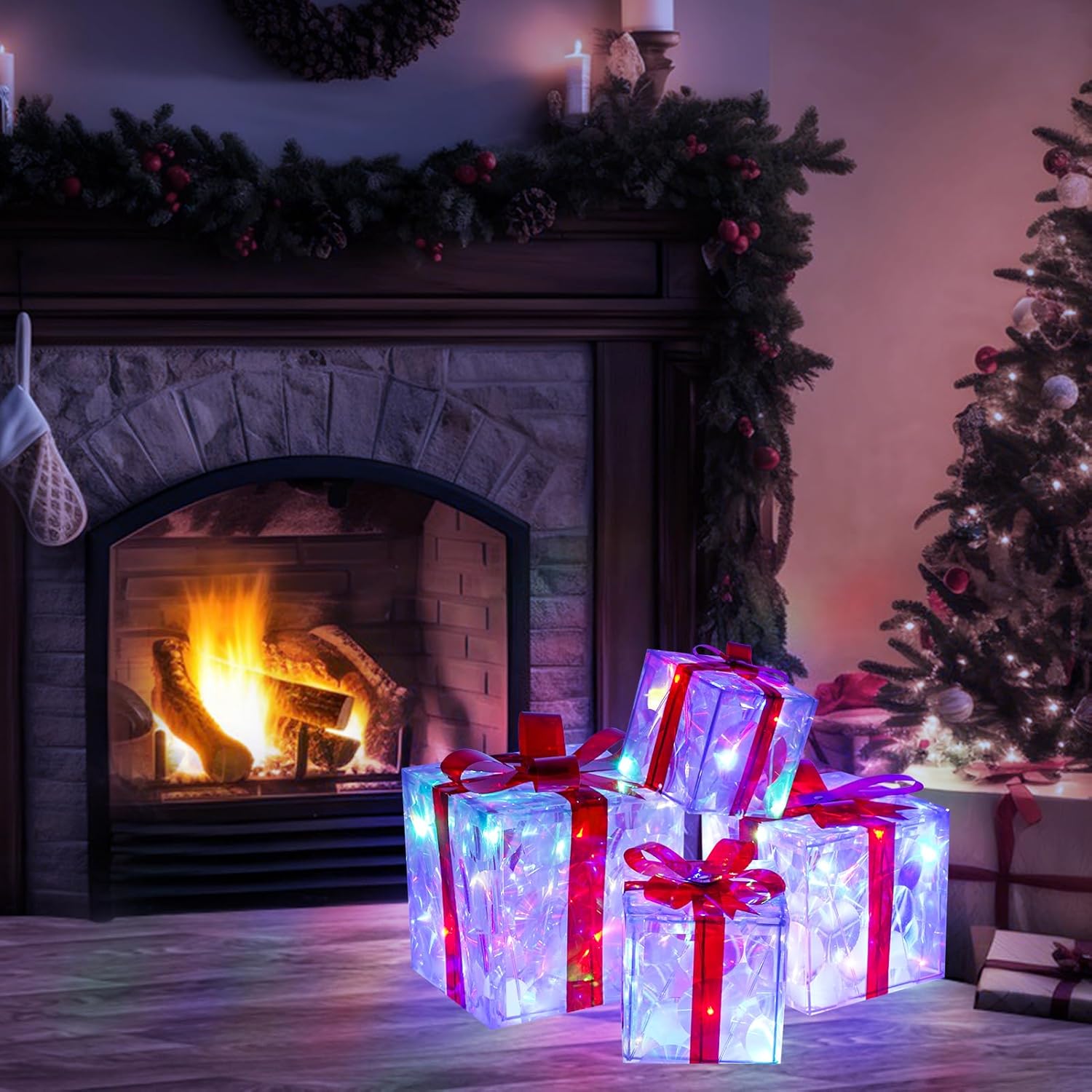 COVFEVER Christmas Lighted Gift Boxes, Pre-lit Lights Gift Boxes Set of 4, Light up Present Boxes Set Battery Operated with Different Sizes for Holiday Indoor Outdoor Decorations (Multi-Colored)