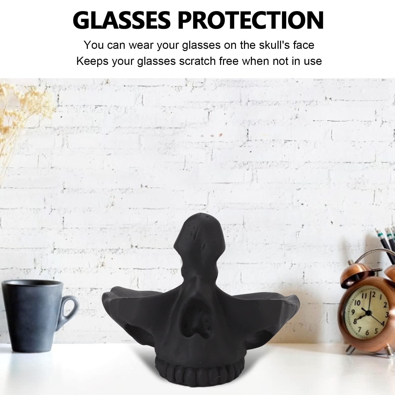 Skull Glasses Stand, Lifelike Eyeglasses Holder with Storage Tray, Scratch Resistant, Practical and Decorative for Home Office, Shop - Image 2
