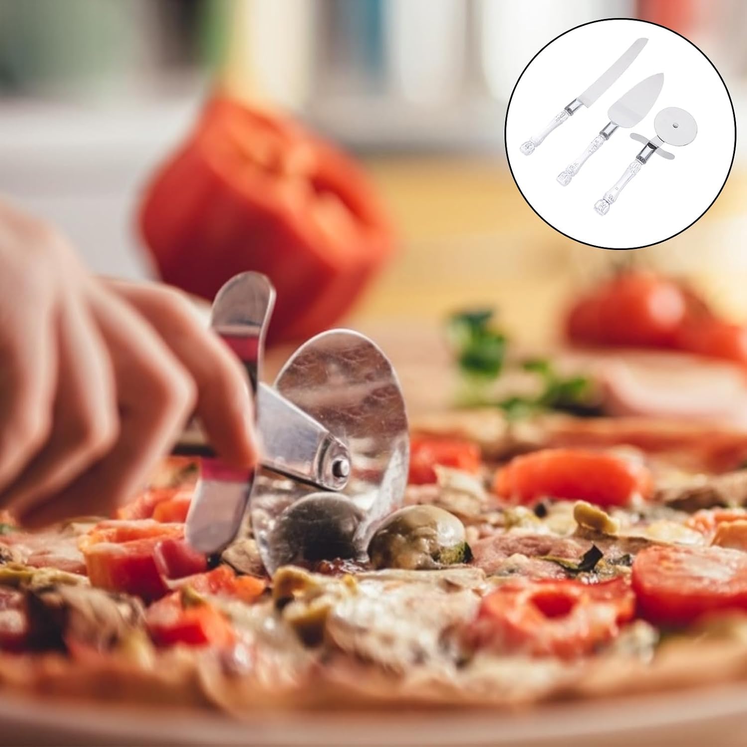Pizza Cutter Set with Protective Handles, White Acrylic Stainless Steel