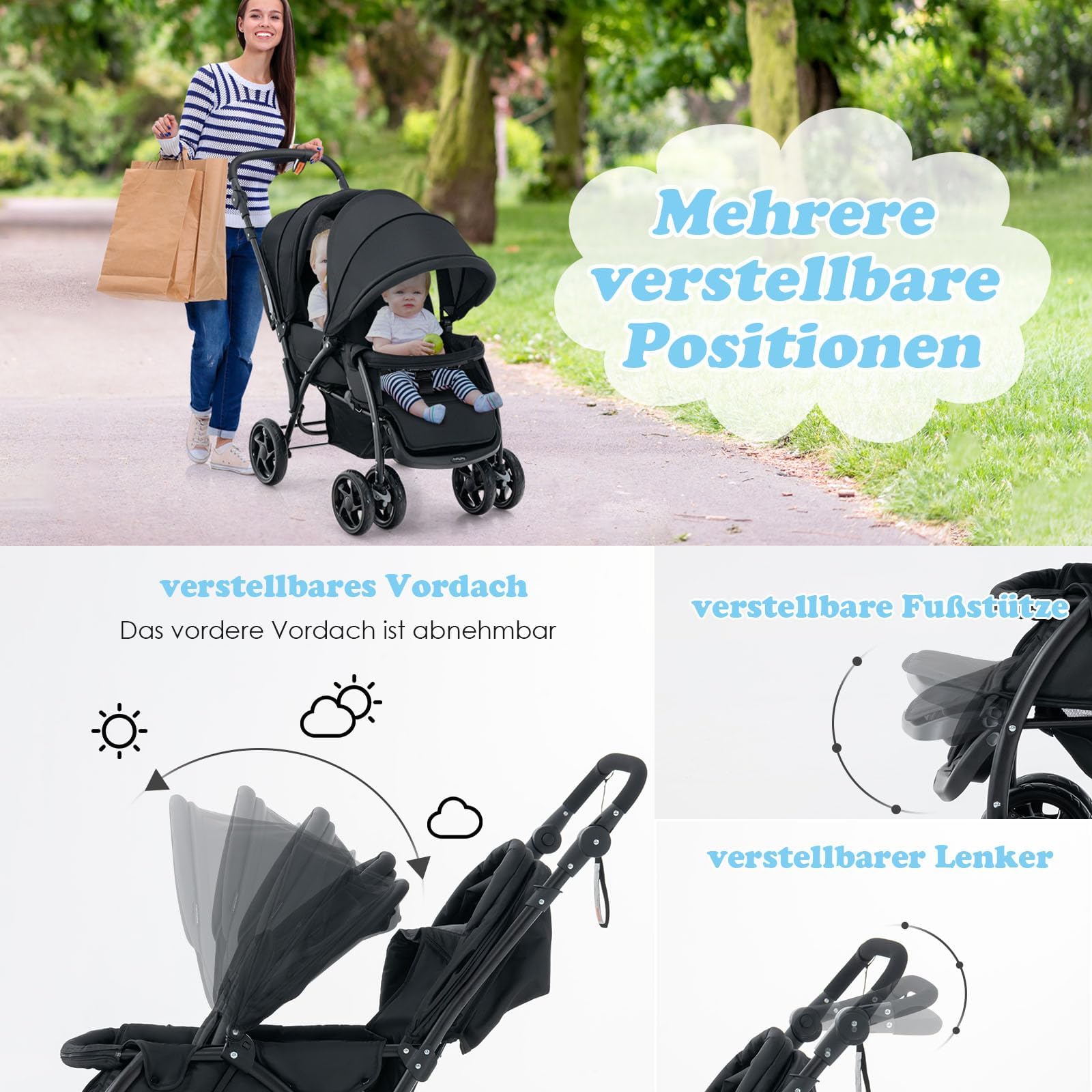 FANTASK Geschwisterwagen klappbar Zwillingswagen verstellbare Rückenlehne Verdeck Baby ab 6 Monate 30 kg Schwarz