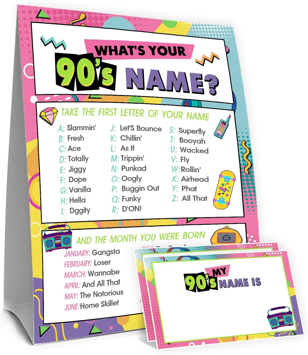 90s Theme Party Decorations, 90'S Theme Birthday Party Sign Decoration for Boys Girls, Kids Activity Cards, What's Your 90'S Name, Activity Decoration Supplies