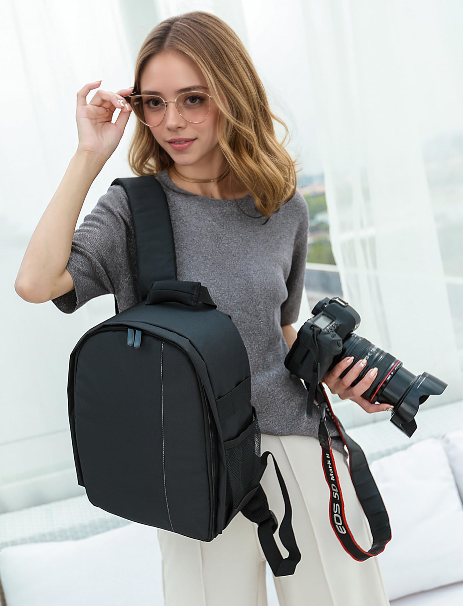 Zaino Fotografico, Zainetto professionale per macchina fotografica, Borsa per fotocamera e obbiettivo, Custodia Imbottita Antiurto Impermeabile 33x24x14cm km36