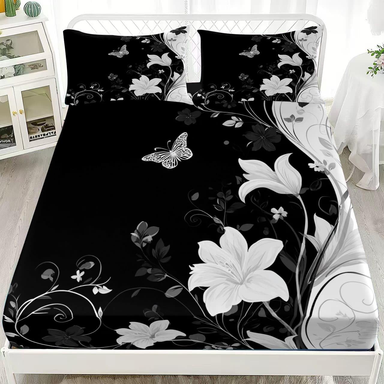 Noir Drap-Housse en Microfibre Brossée 200x200 cm Bonnet 30cm