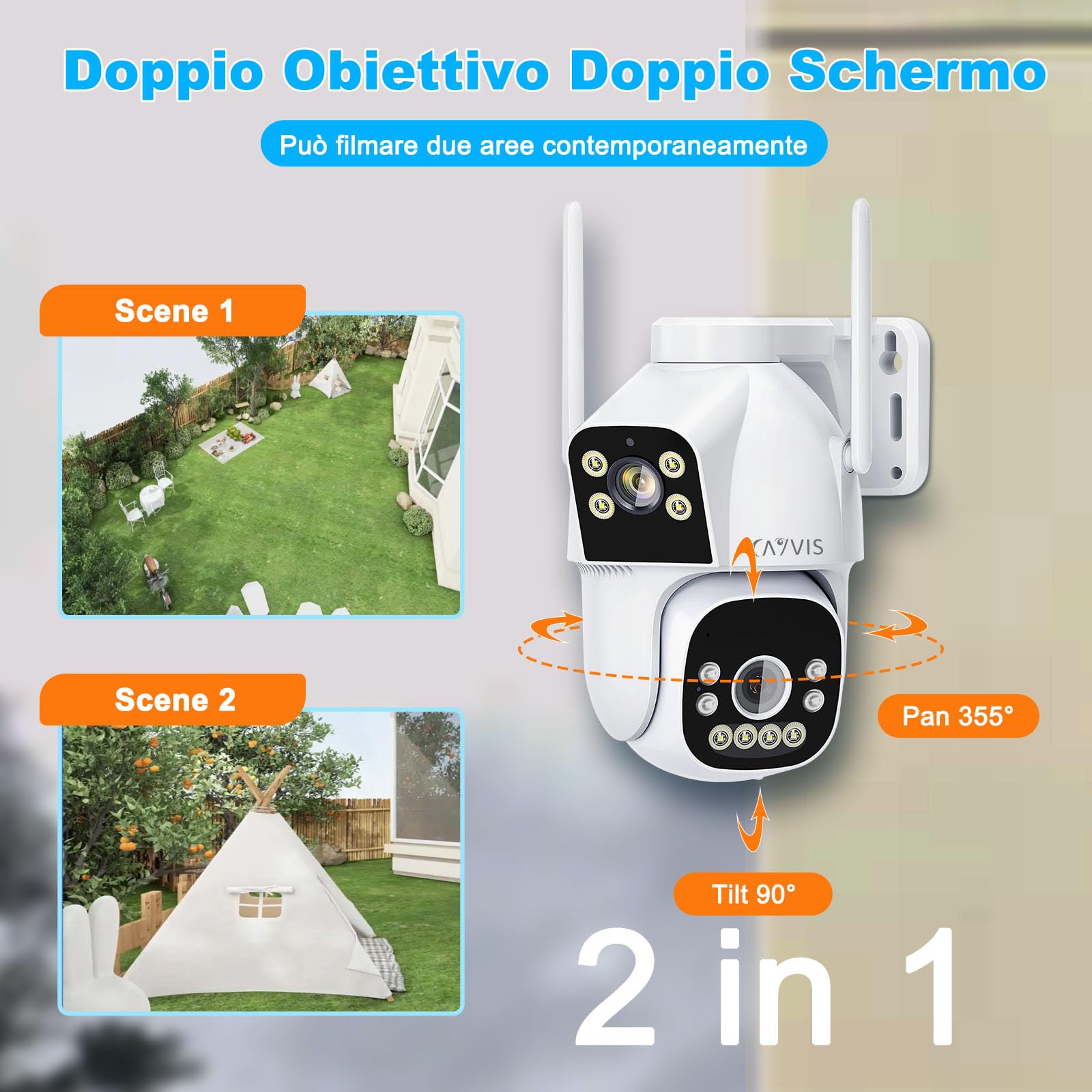 2MP+2MP Telecamera Wi-Fi Esterno, 2.4GHZ/5GHZ PTZ Videocamera Sorveglianza Esterno con Doppia Lente,FHD Tracciamento Automatico, Visione Notturna a Colori, Audio Bidirezionale, IP66 (Bianco)