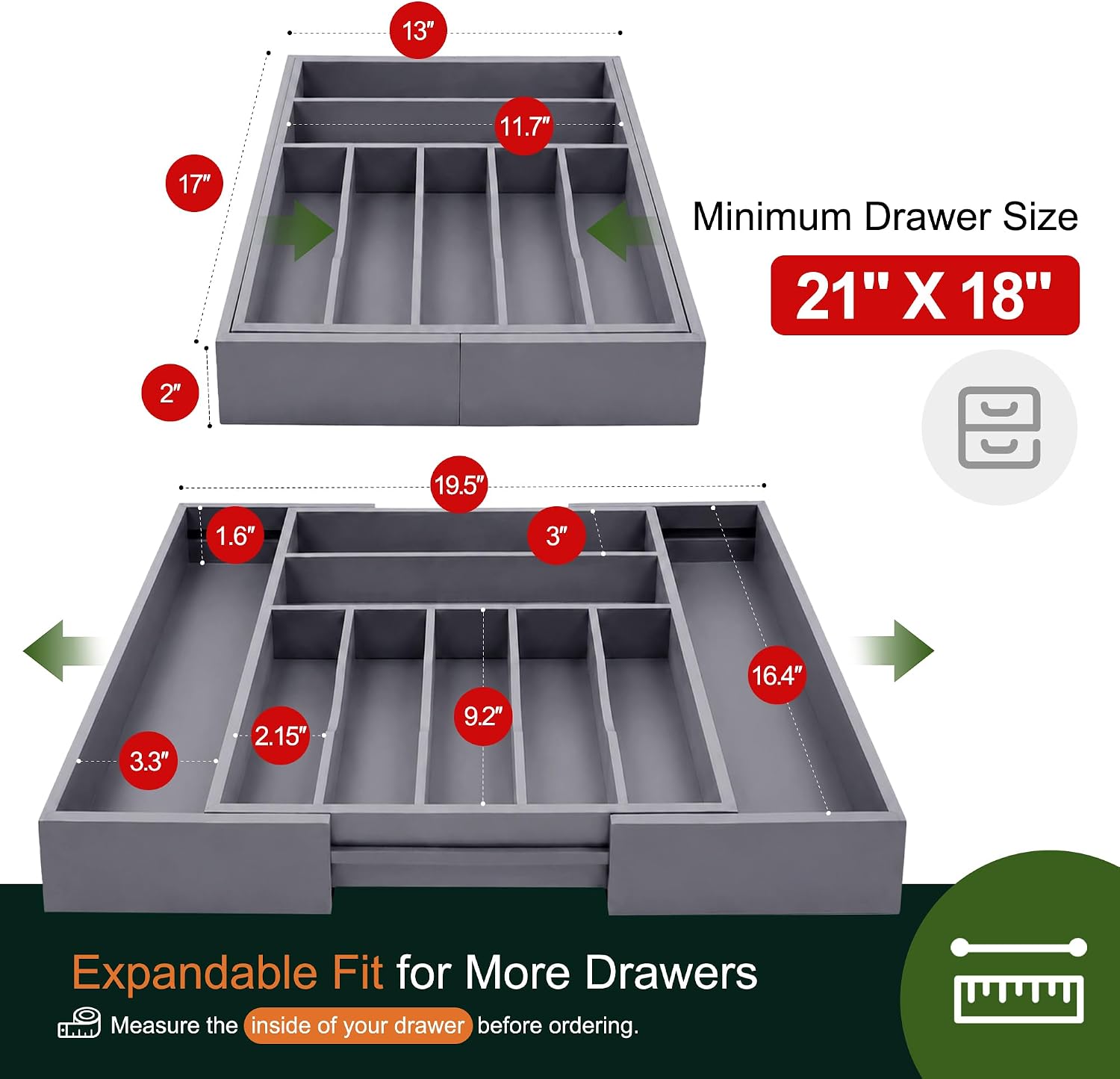 Large Premium Bamboo Silverware Organizer - Expandable Drawer Organizer & Utensil Organizer - 17"x19.7" Cutlery Tray with Dividers for Kitchen Utensils and Flatware (7-9 Slots) (Grey) image 2