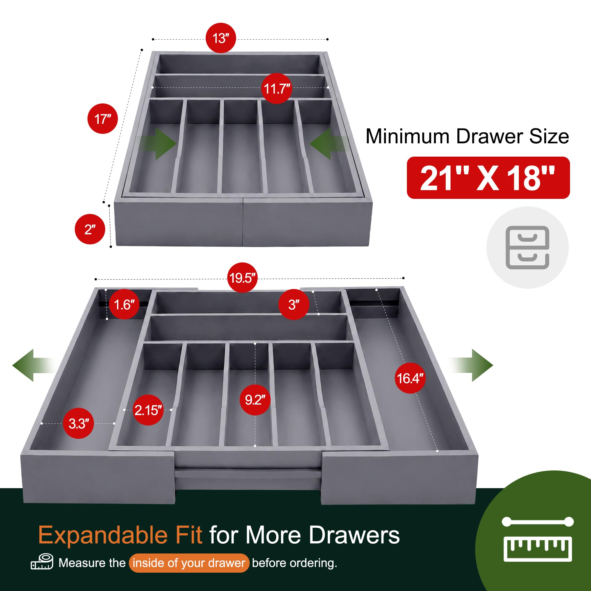 Großer Premium-Besteck-Organizer aus Bambus – erweiterbarer Schubladen-Organizer und Utensilien-Organizer – 43,2 x 50 cm Besteckkasten mit Trennwänden für Küchenutensilien und Besteck (7–9