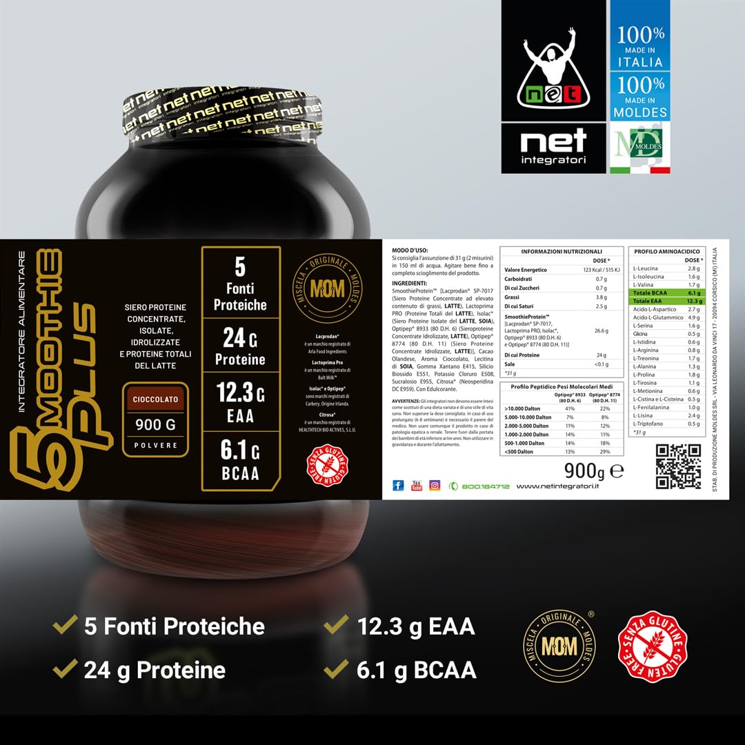 Net Integratori 5MOOTHIE PLUS - 900g Cioccolato - Spuntino Proteico Veloce - Proteine Isolate, Concentrate, Idrolizzate e Proteine Totali Del Latte Con Aminoacidi EAA E BCAA