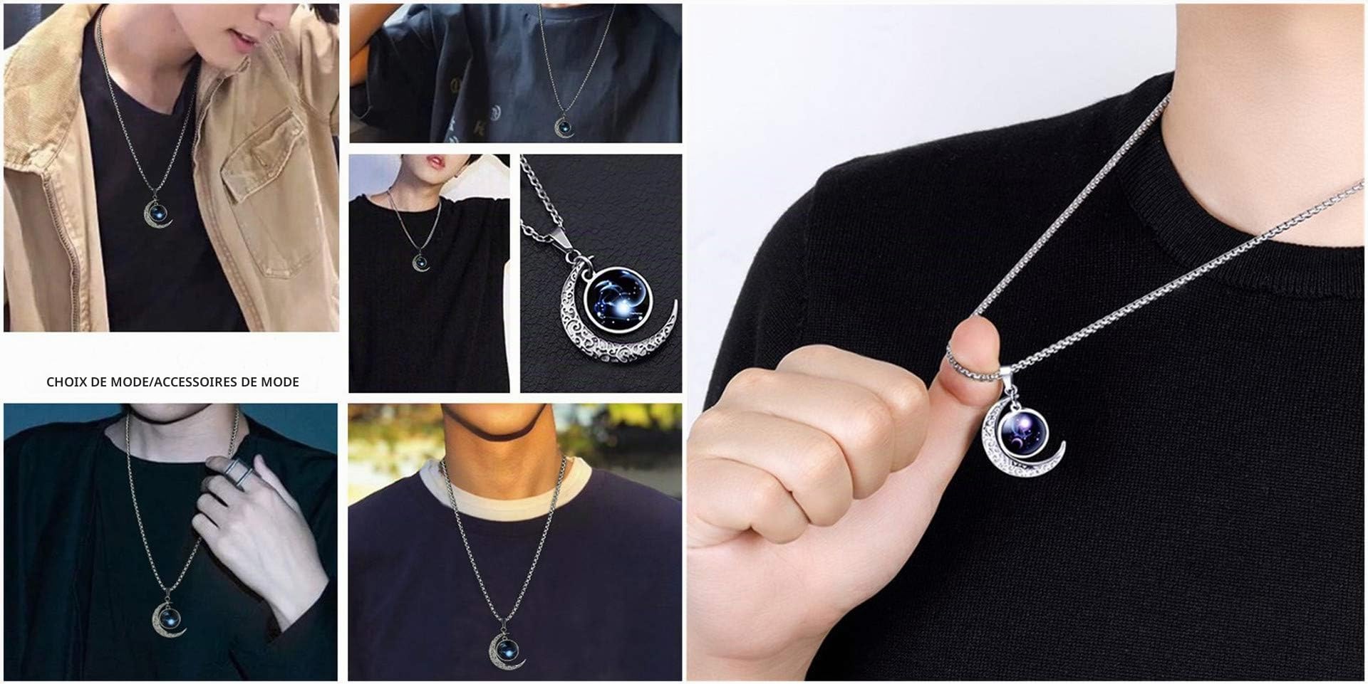 Collier Signe Astrologique Constellation Zodiaque Pendentif Croissant de Lune Garcon Galaxie Horoscope Bijoux Soeur d Amitie Acier Inoxydable