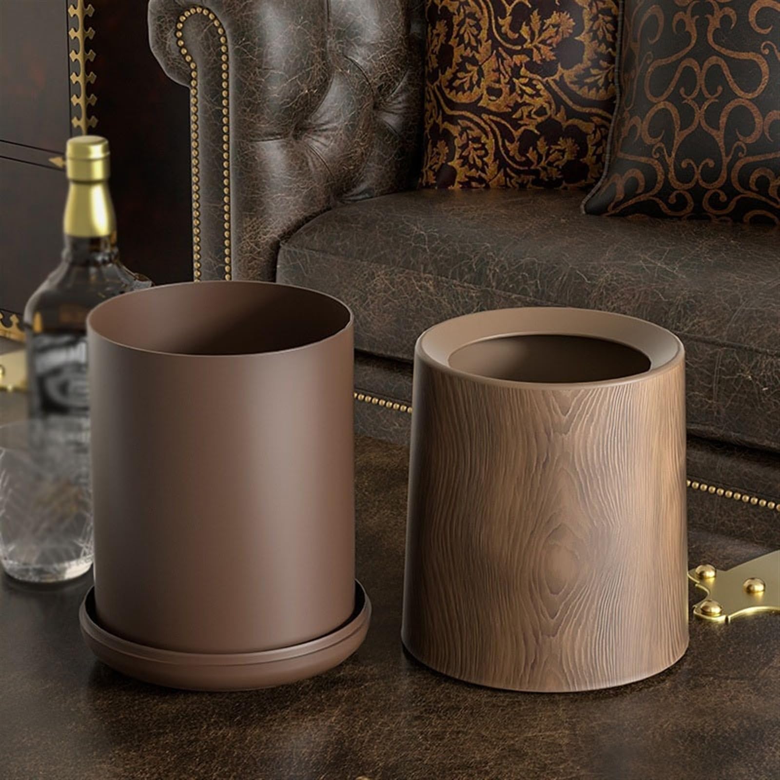 Cubierta de cocina Papelera retro de madera veteada sin tapa, papelera con parte superior abierta, escritorio redonda base y cubo revestimiento, for sala estar, dormitorio, oficina para Office