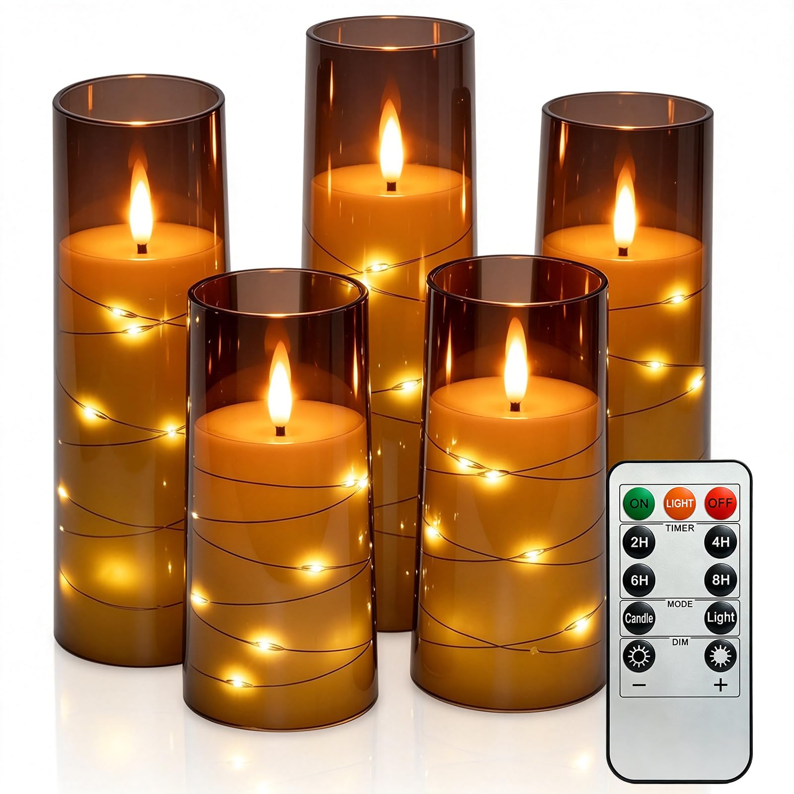 Turmegtt Grey Flameless Candles with Fairy Lights, Set of 5, D2 xH5-8