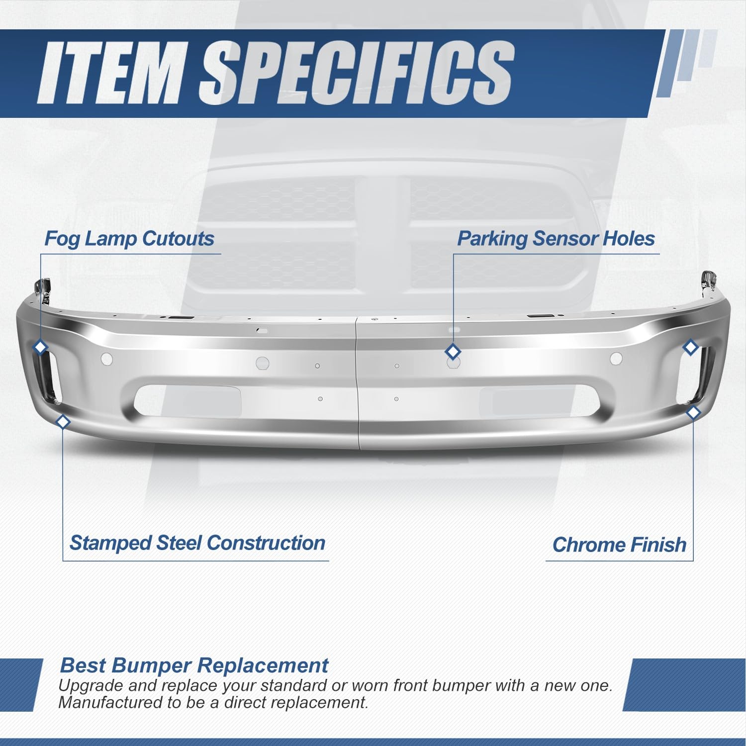 Chrome Front Bumper Face Bar For Ram 1500 2013-2024 - No Fog Light Holes - Steel