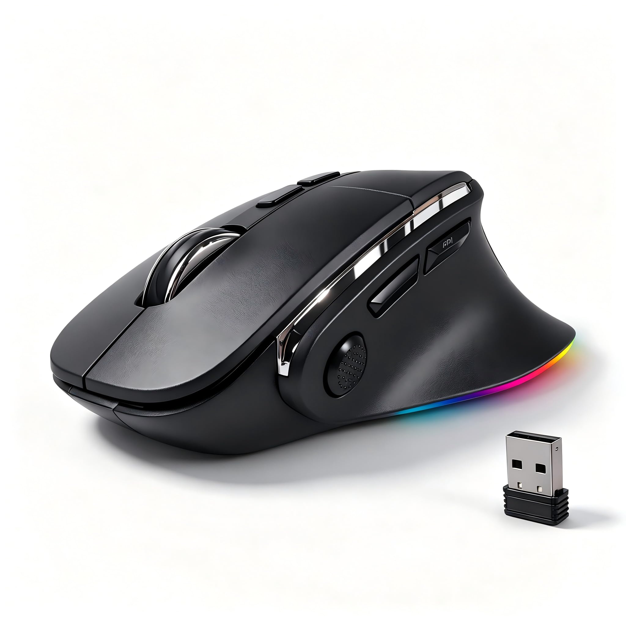 Ratón ergonómico, mouse inalámbrico vertical Bluetooth, ratones ópticos recargables LED, portátil (BT5.2 o USB 2.4GHz), modo dual, 1000/1600/2400 DPI, 8 botones para laptop, escritorio, PC, MacBook