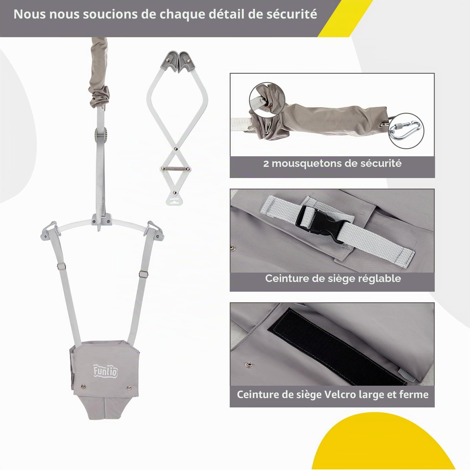 FUNLIO Transat de porte bébé pour 6 à 24 mois (avec pince de porte), porte bébé avec ressort solide/sangle réglable, facile à assembler et à ranger, portant 18 kg, certifié CE CPC - Gris