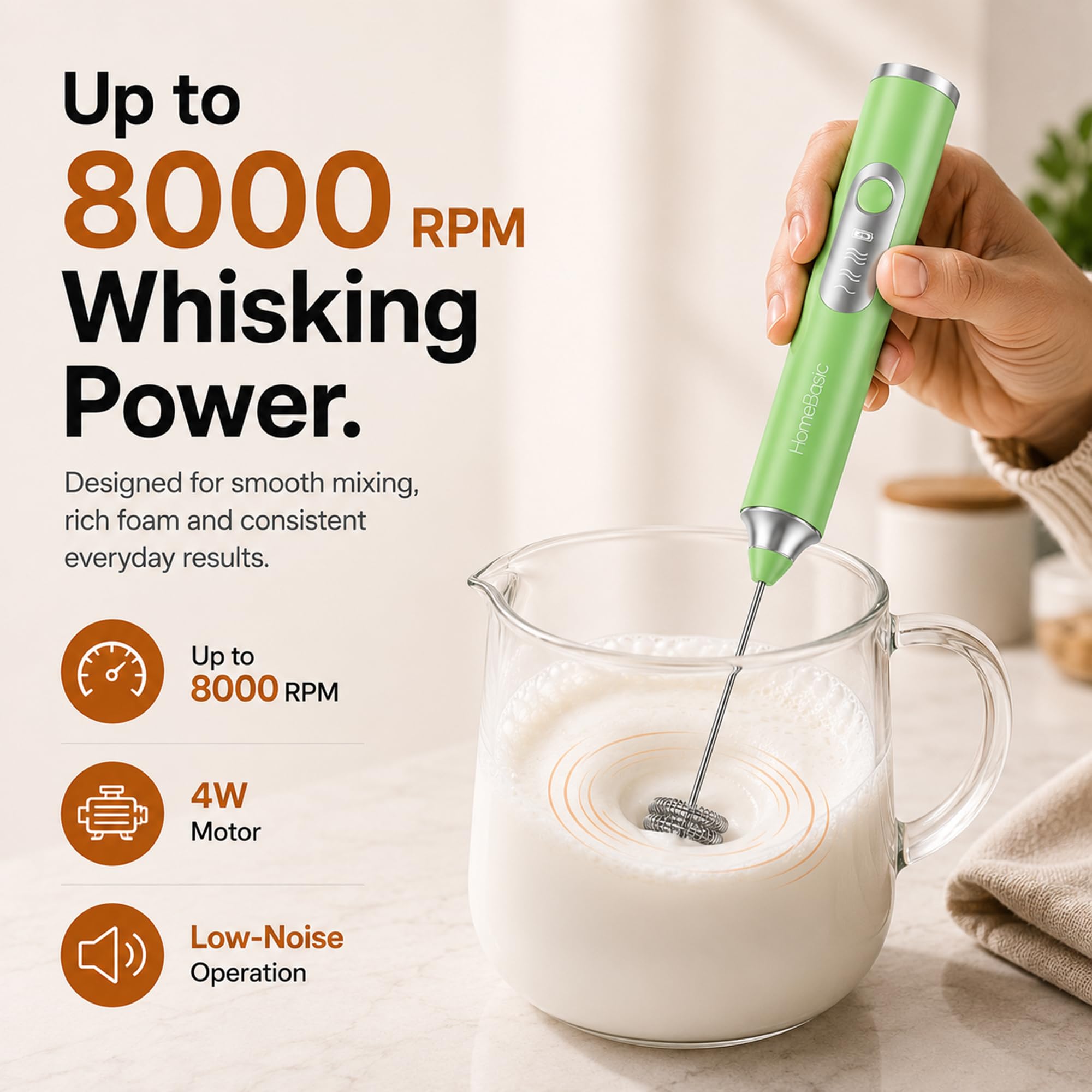 HOMEBASIC Milk Frother - 3 Speeds, Dual Whisks -6