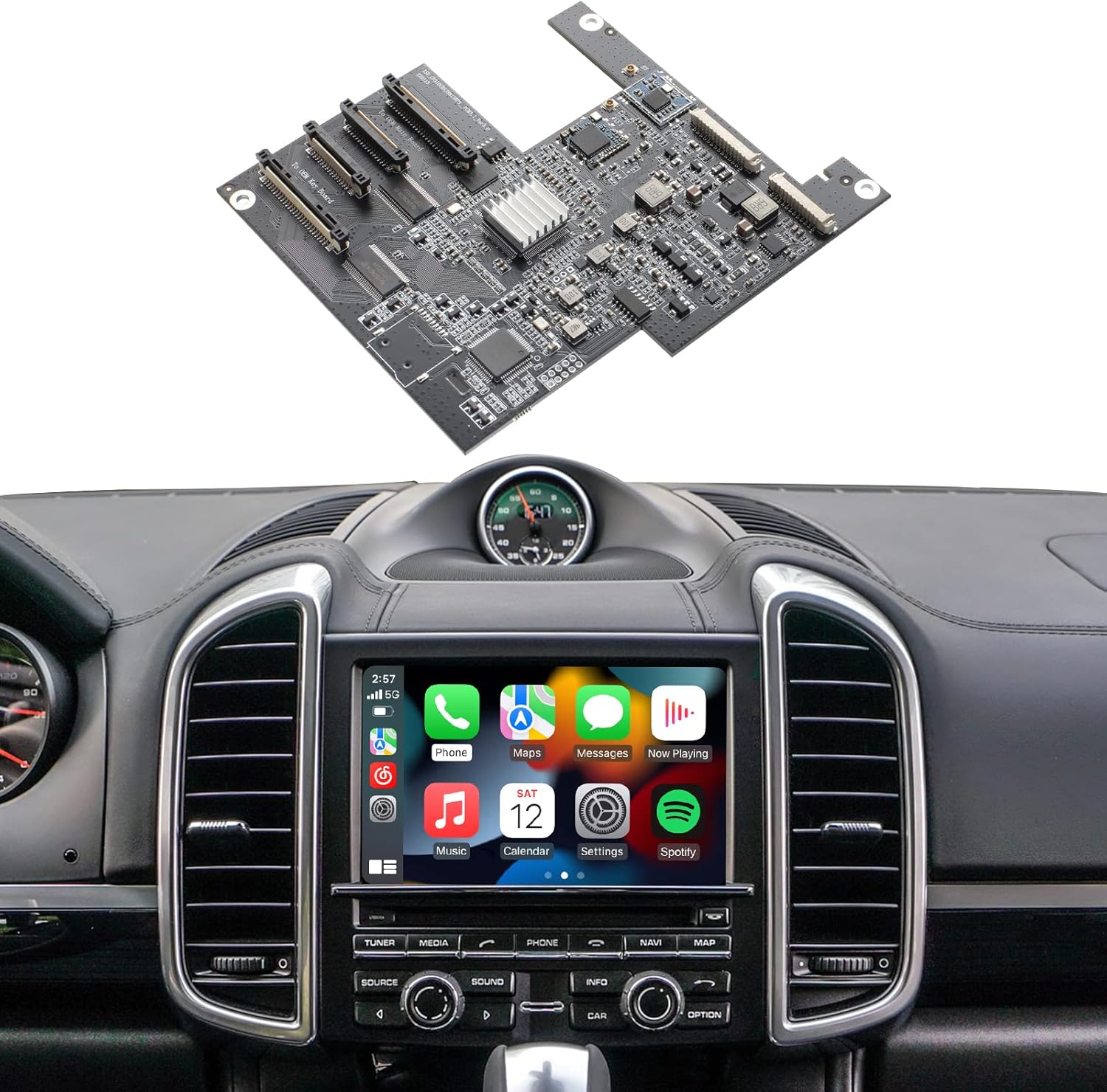 The main product image showing the module's circuit board and a Porsche dashboard with the CarPlay interface displayed on the screen.