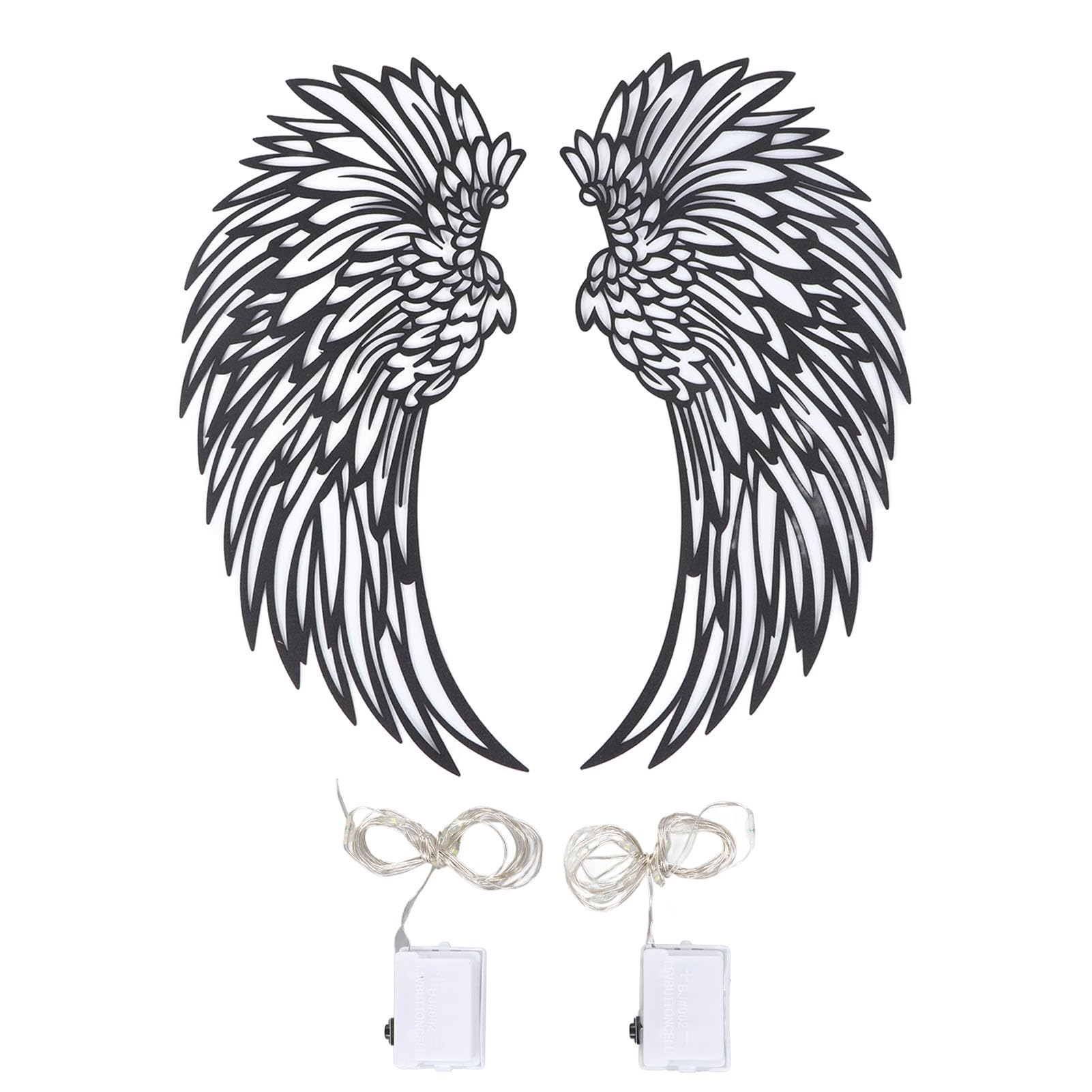 Tissting LED Angel Wing Metal Wall Art, Wrought Iron Wings Wall Sculpture with LED Lights, Art Metal Hollow Out Wall Hanging Decor for Beer Bar, Wedding, Party, Christmas (Black) (18 inch)