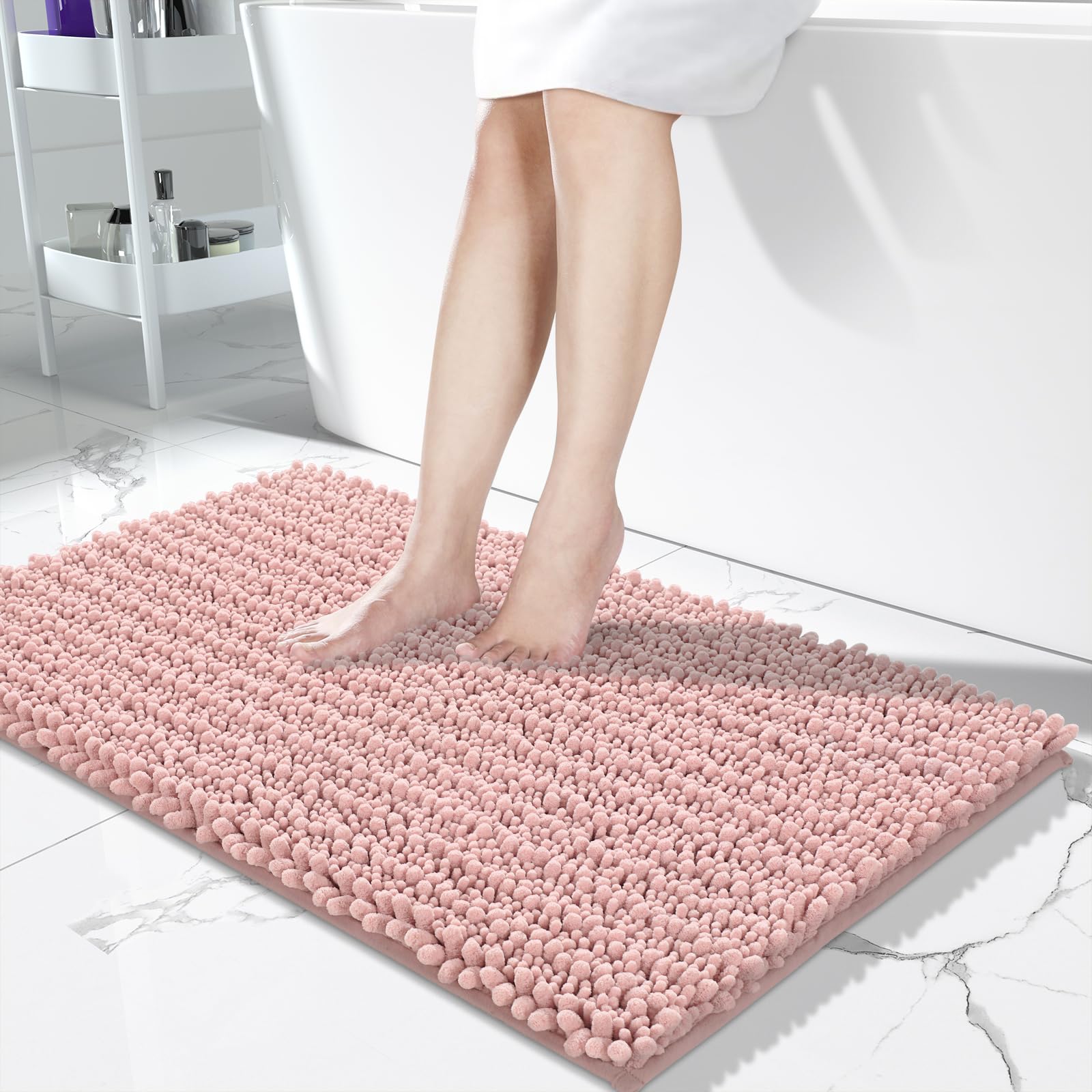 Yimobra Long Bathroom Rugs Non Slip Washable 44x24 Inch - Ultra Soft Absorbent Chenille Bath Mat, Quick Dry Shaggy Floor Carpet for Tub Shower, Light