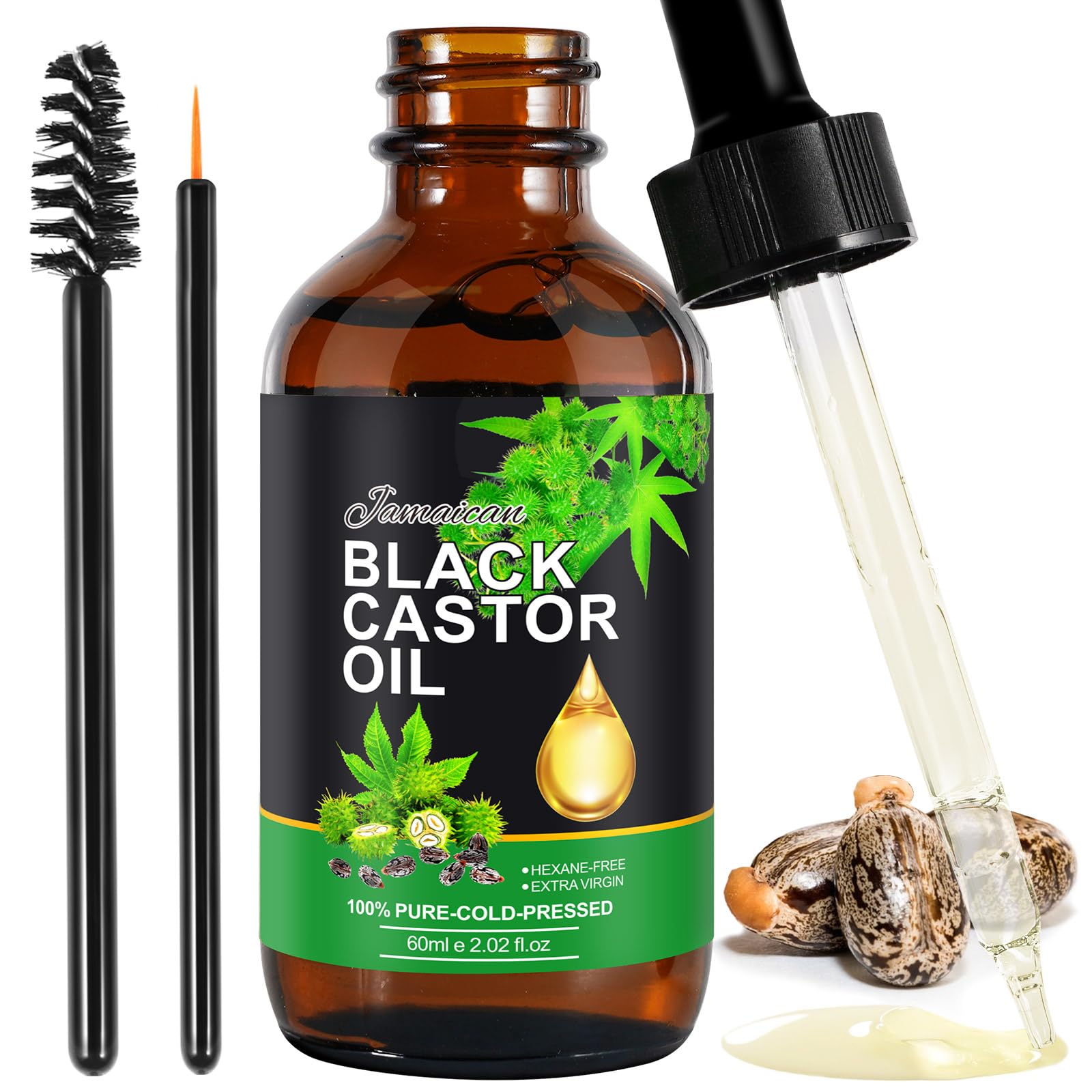 Organic Castor Oil, Jamaican Black Castor Oil 60ml, Body Massage Castor Oil, 100% Pure & Natural Anti-Aging Castor Oil, for Hair Growth, for Eyelashes, Eyebrows, Hair,Skin Moisturizer