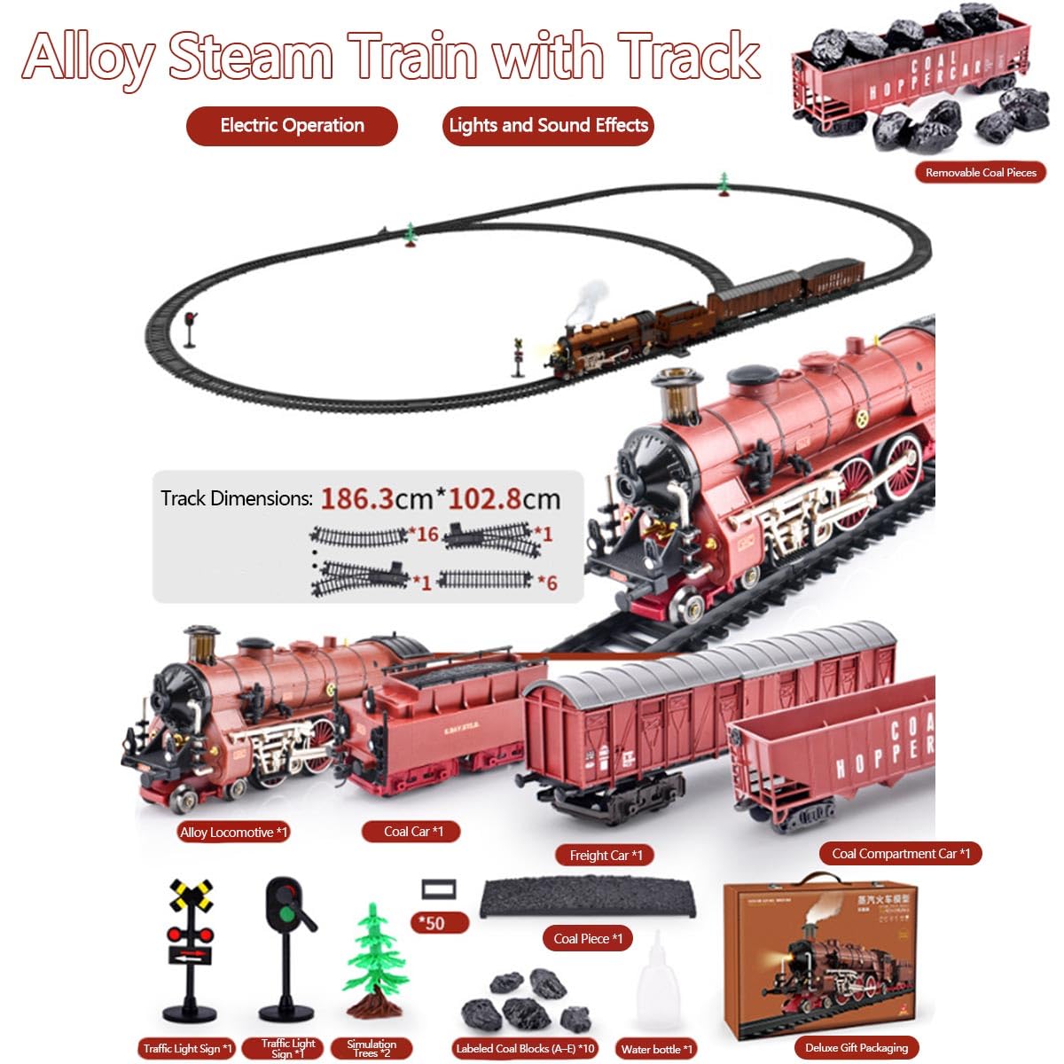 Set treno elettrico, modellino di locomotiva in lega con carrello e pista lunga, controllo fischio/fumo, regalo divertente per adolescenti e adulti (modello 22918/rosso)