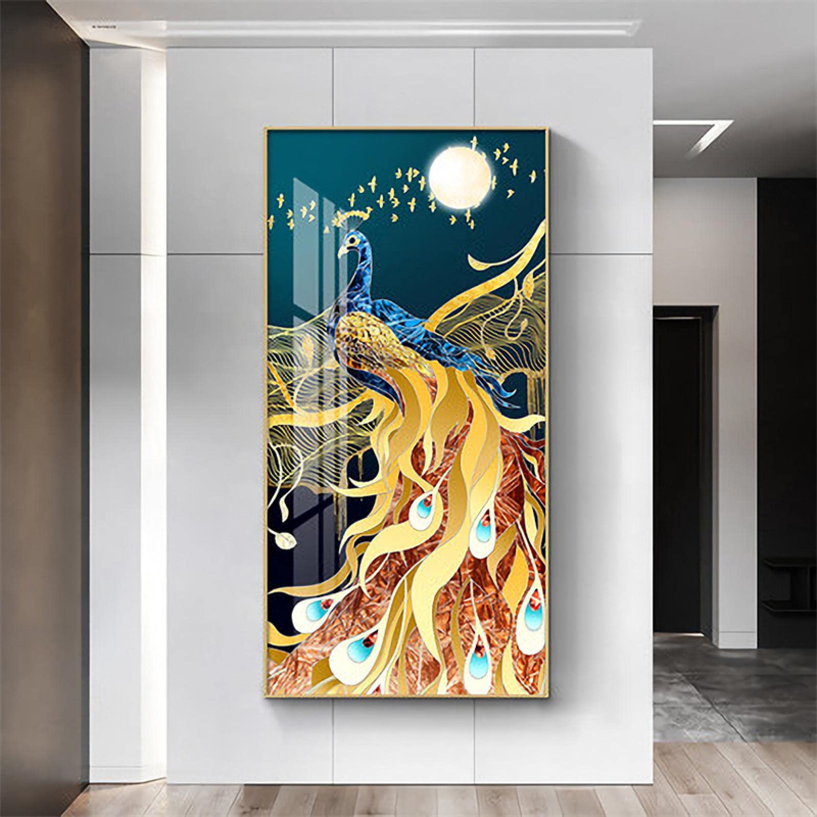 Art mural paon or luxe rétro grand format 80x160 cm de haute qualité